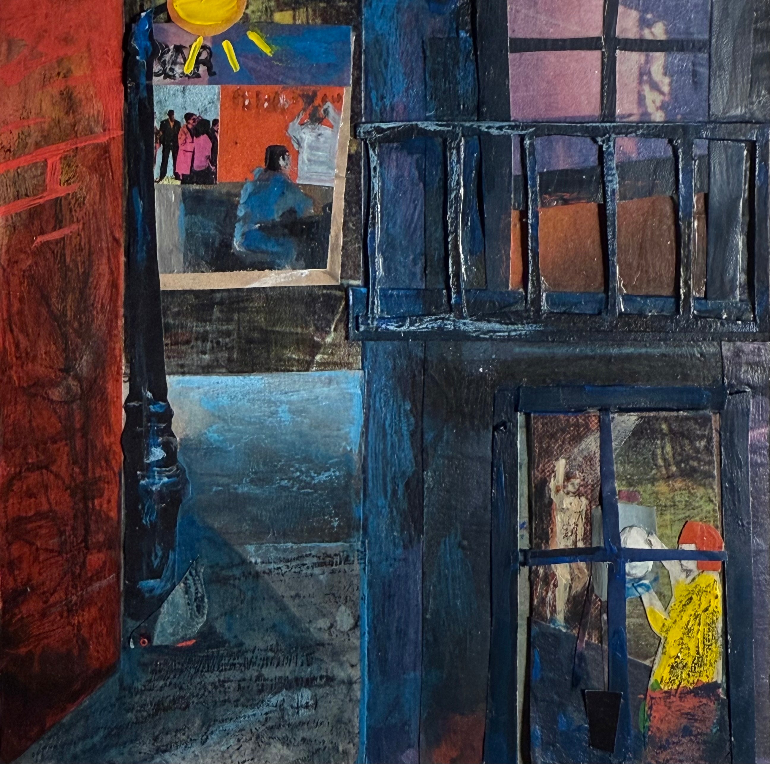 Artistic depiction of a window with reflections and urban scene outside