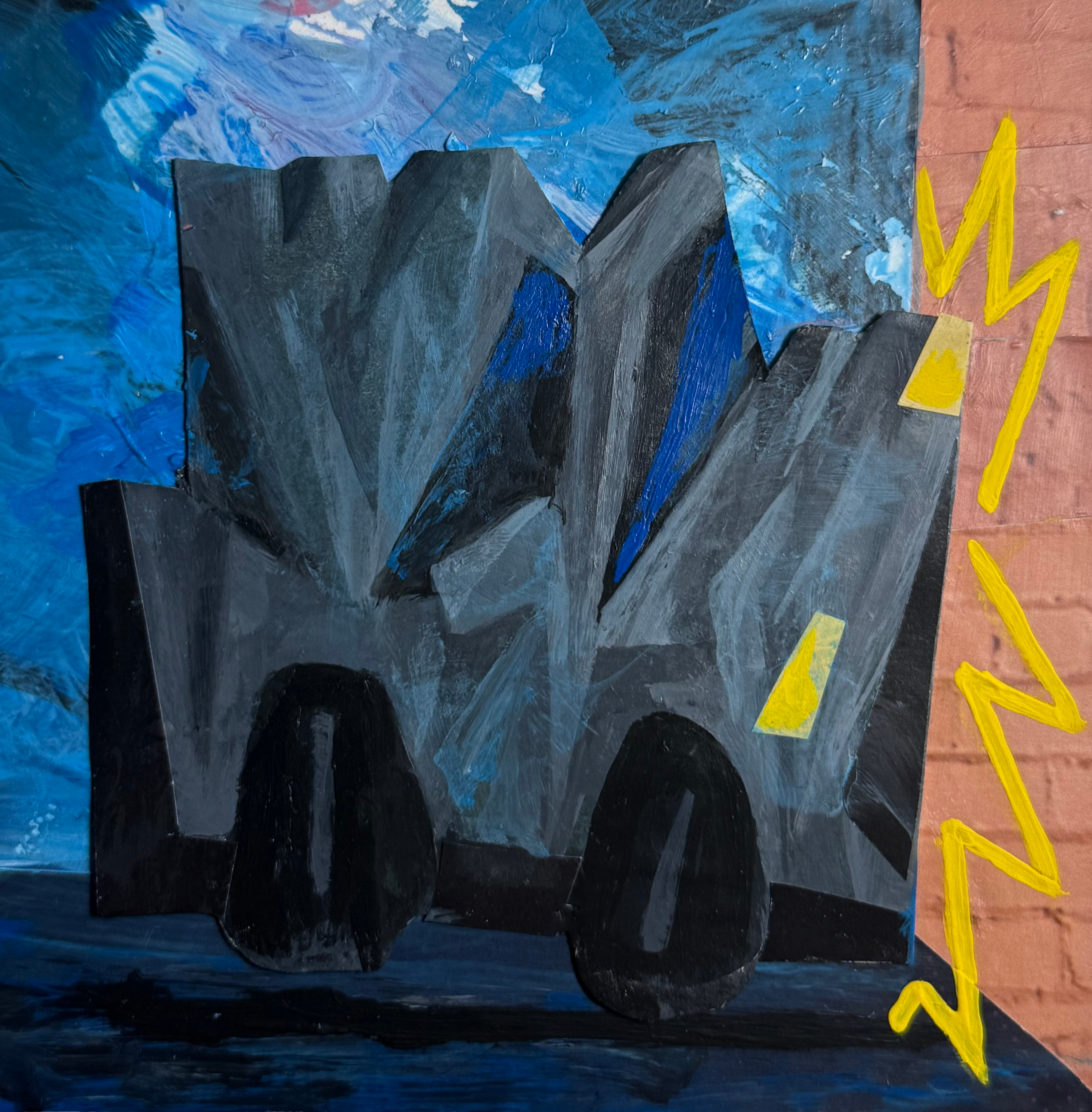 Abstract artwork with black shapes, blue background, and yellow elements on a textured surface depicting a car crash into a wall 