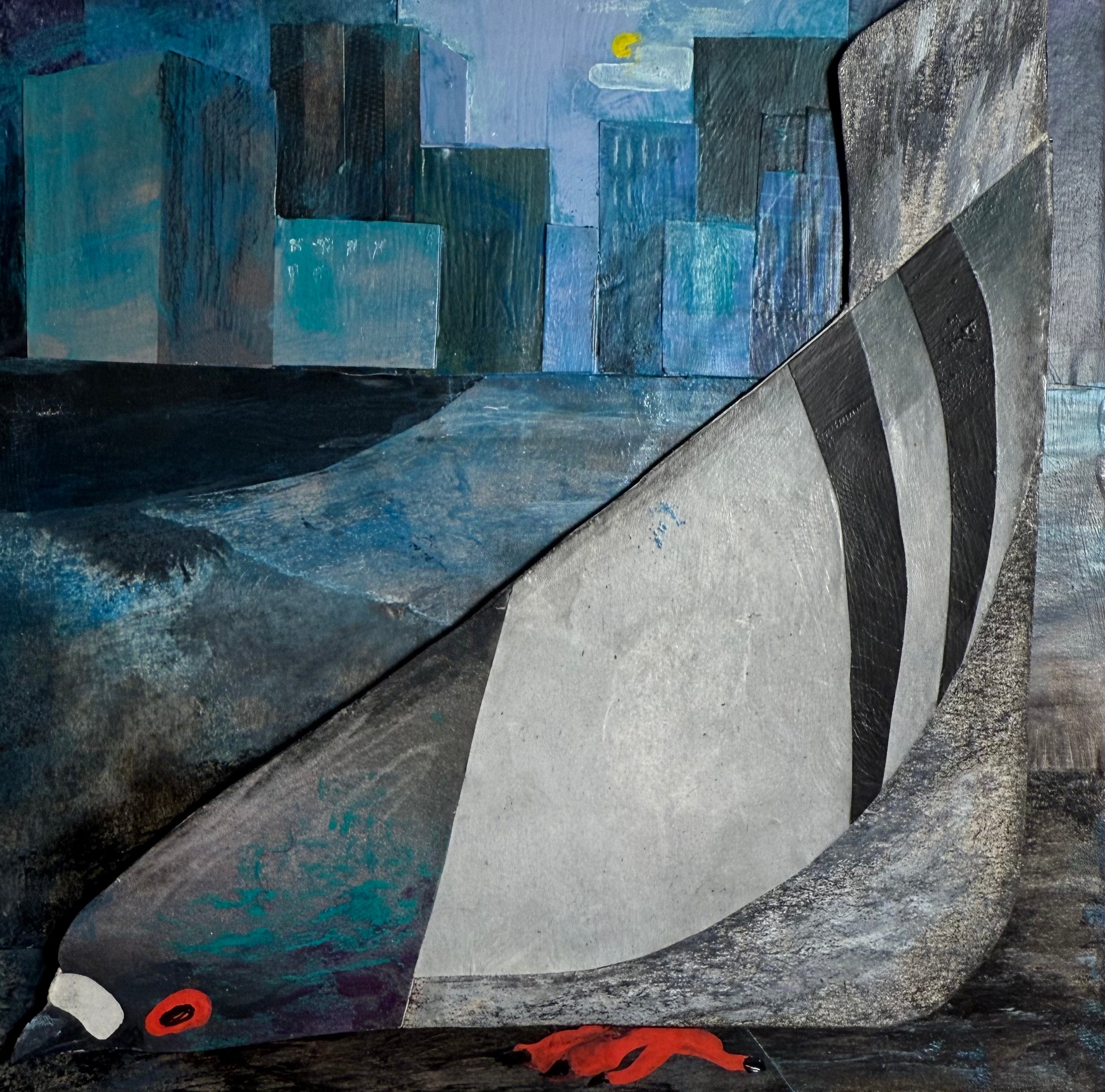Abstract painting of a bird with a cityscape in the background