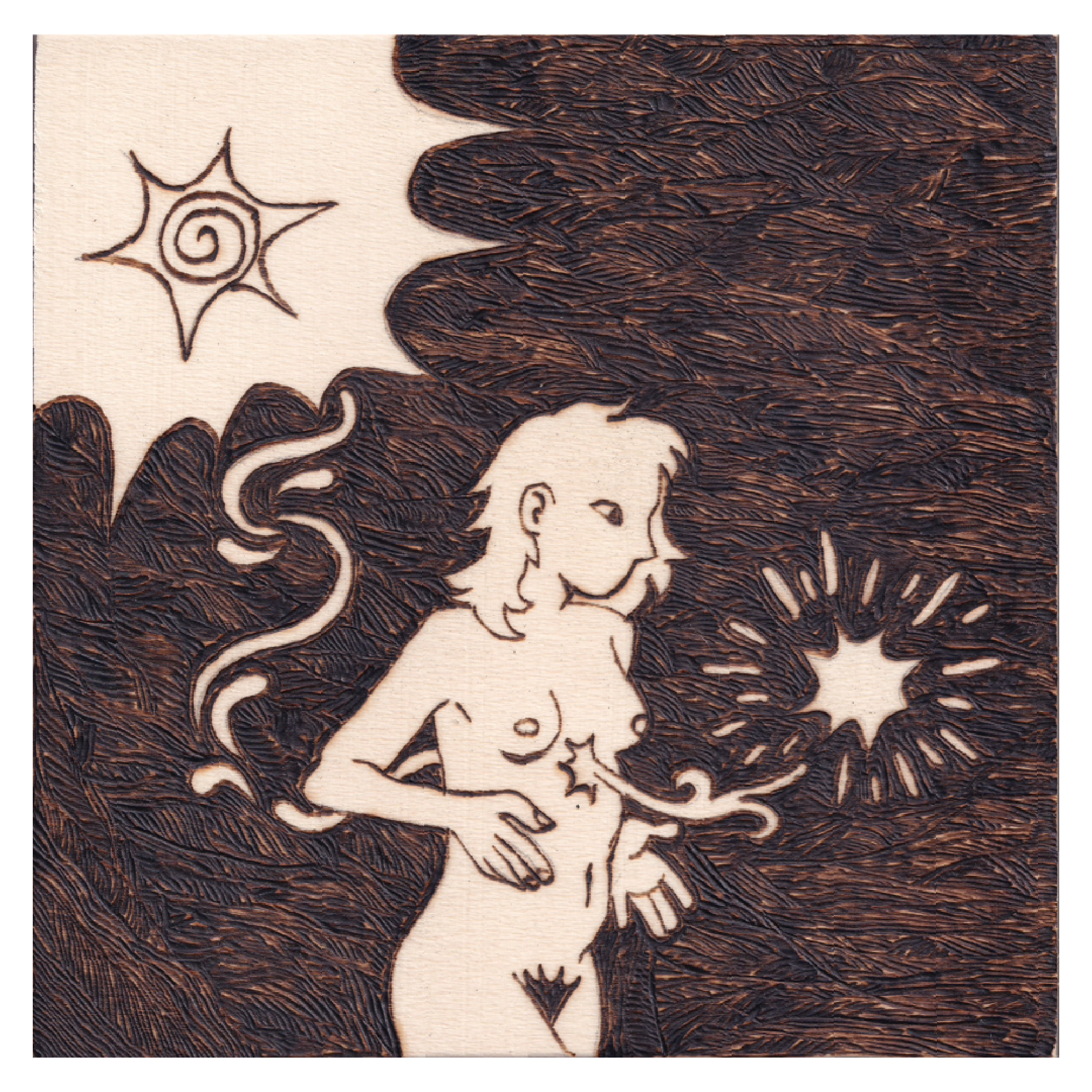 Woodburned artwork of a woman with flowing hair and sun symbols on a wooden surface.