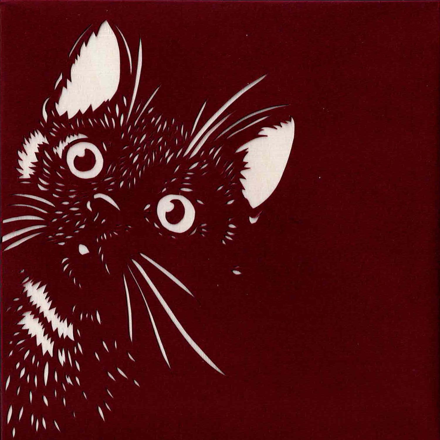 White outline of a cat on a red background
