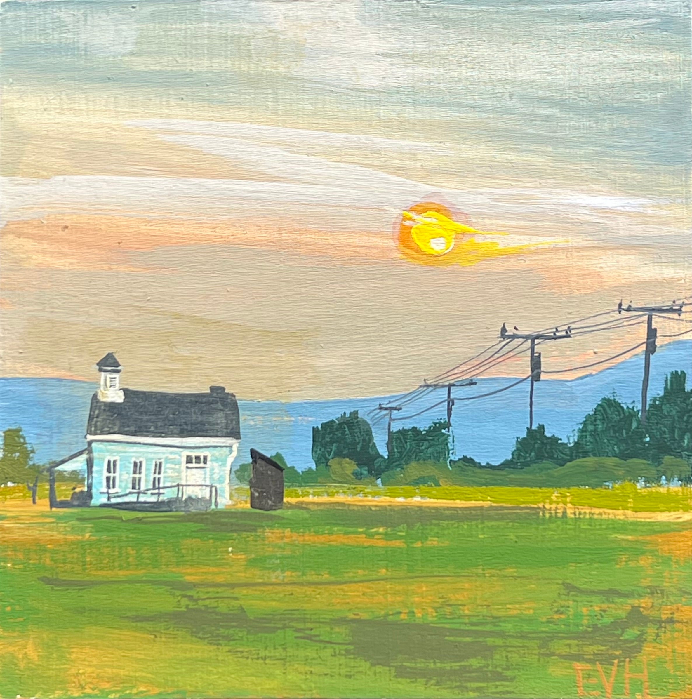 Painting of a house near a body of water with a sunset sky.