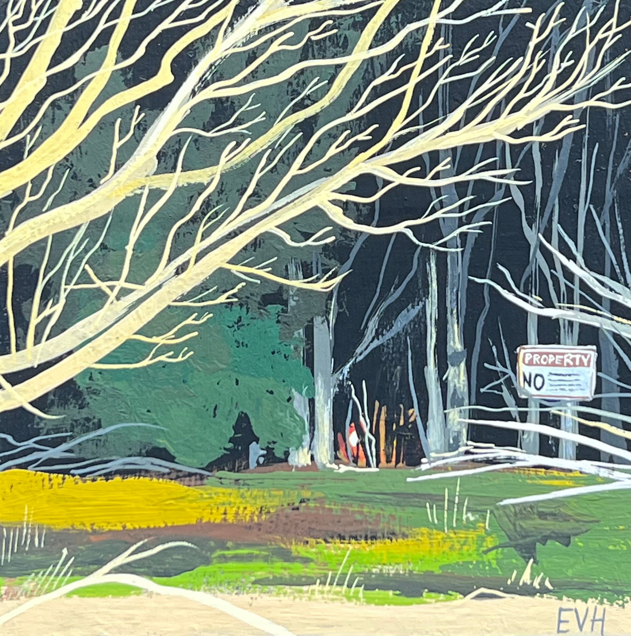 Artistic depiction of a forest scene with trees, grass, and a 'No Trespassing' sign.