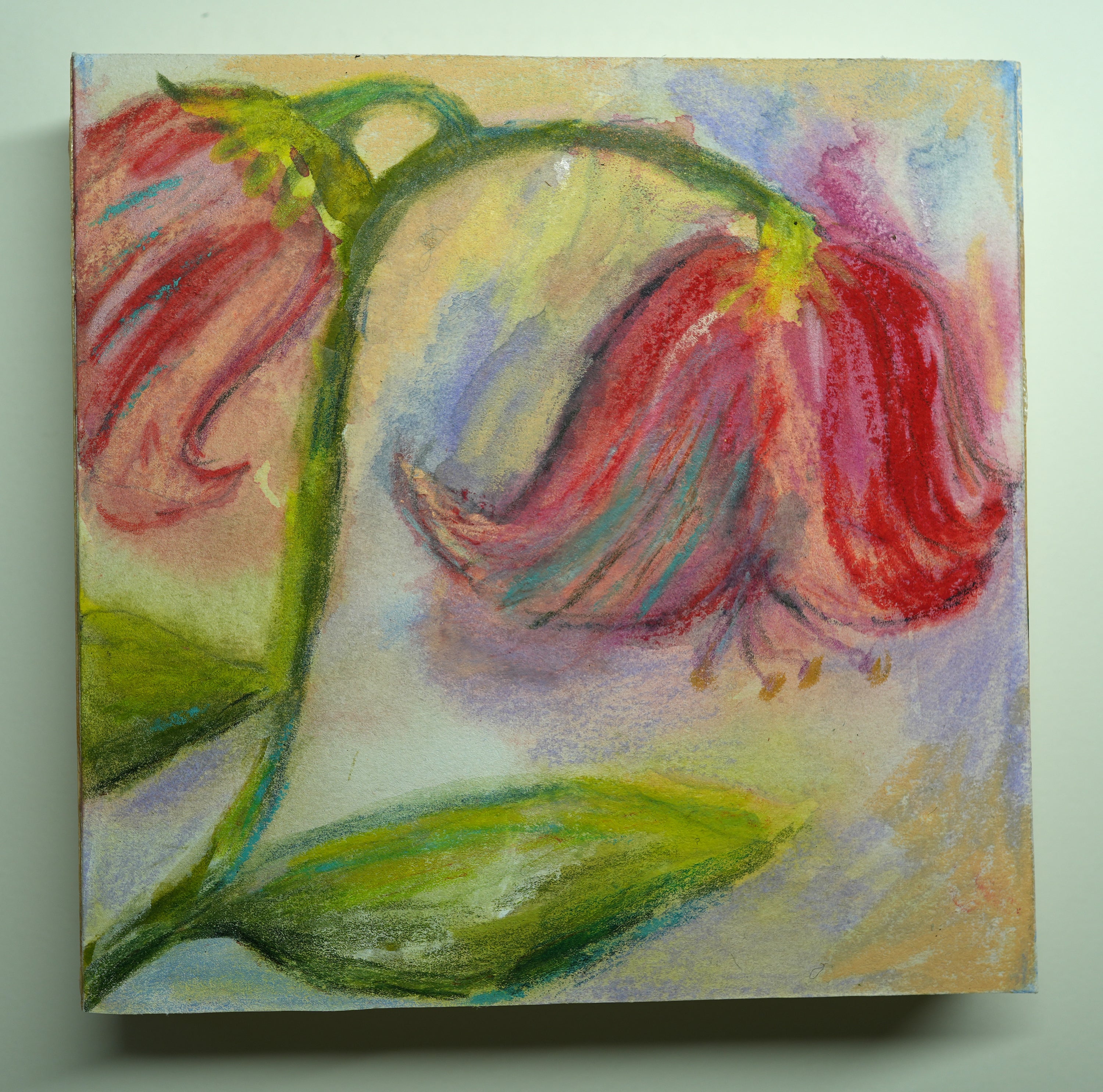 Colorful abstract painting of flowers on a light green background