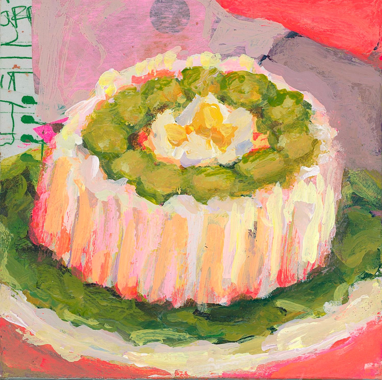Painted cake with green grapes and white frosting on a colorful background