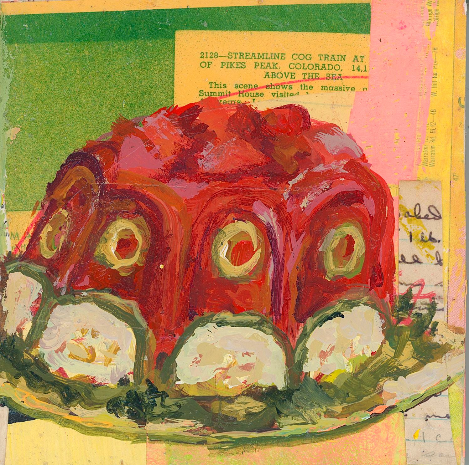 Colorful abstract painting of a cake with slices on a plate