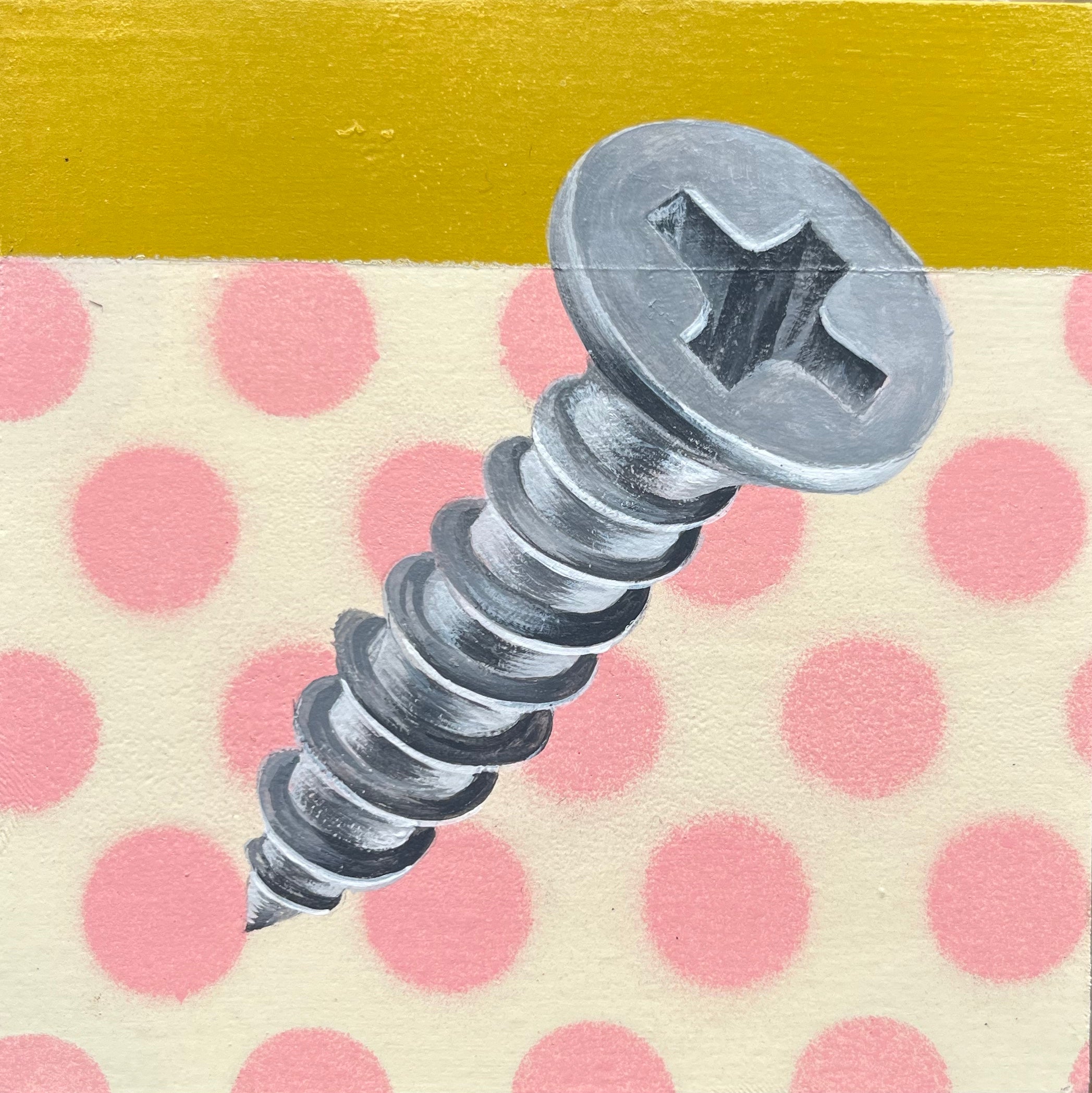 Metal screw on a polka dot background with a gold border