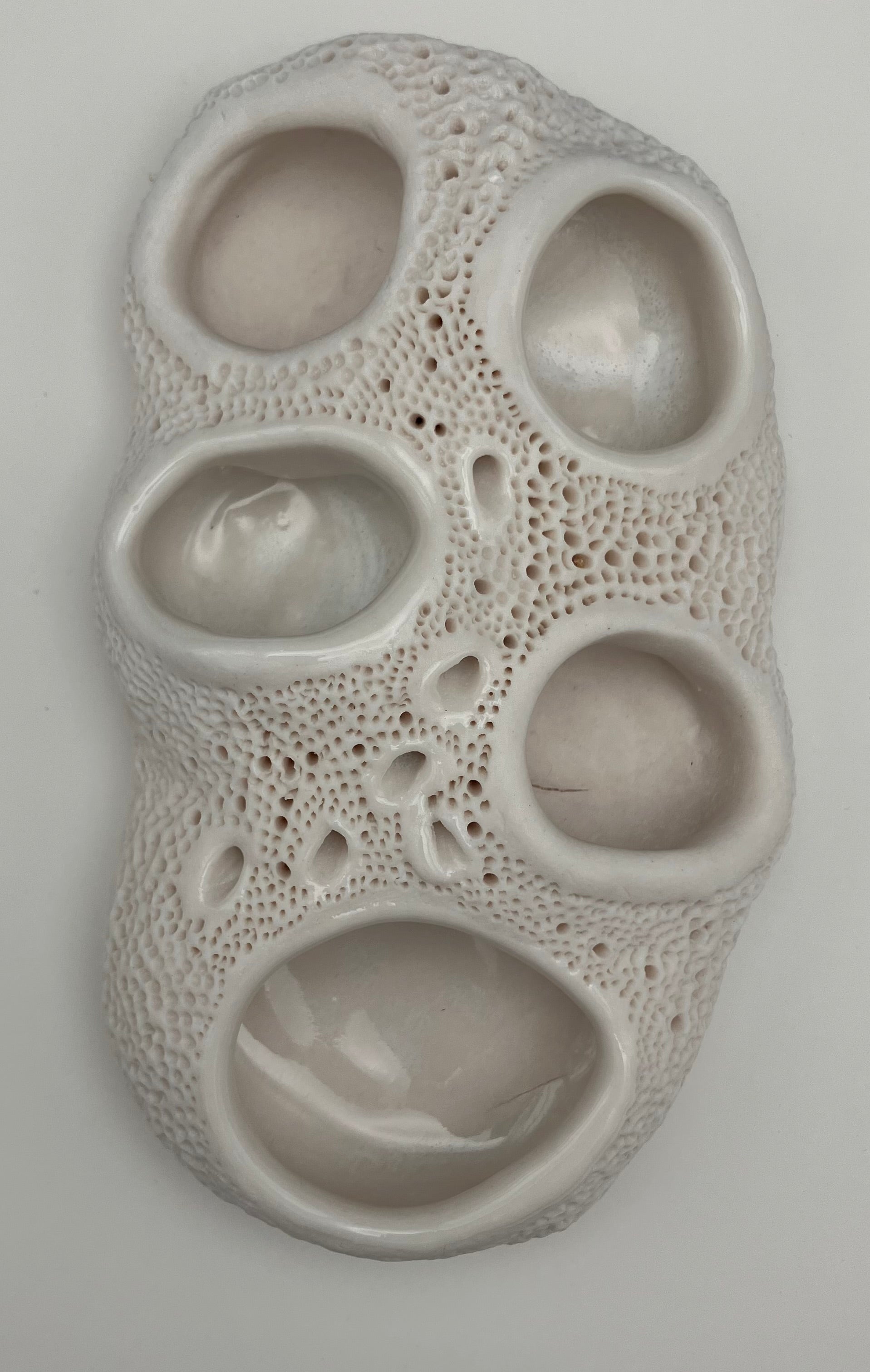 Textured ceramic dish with multiple compartments on a plain background