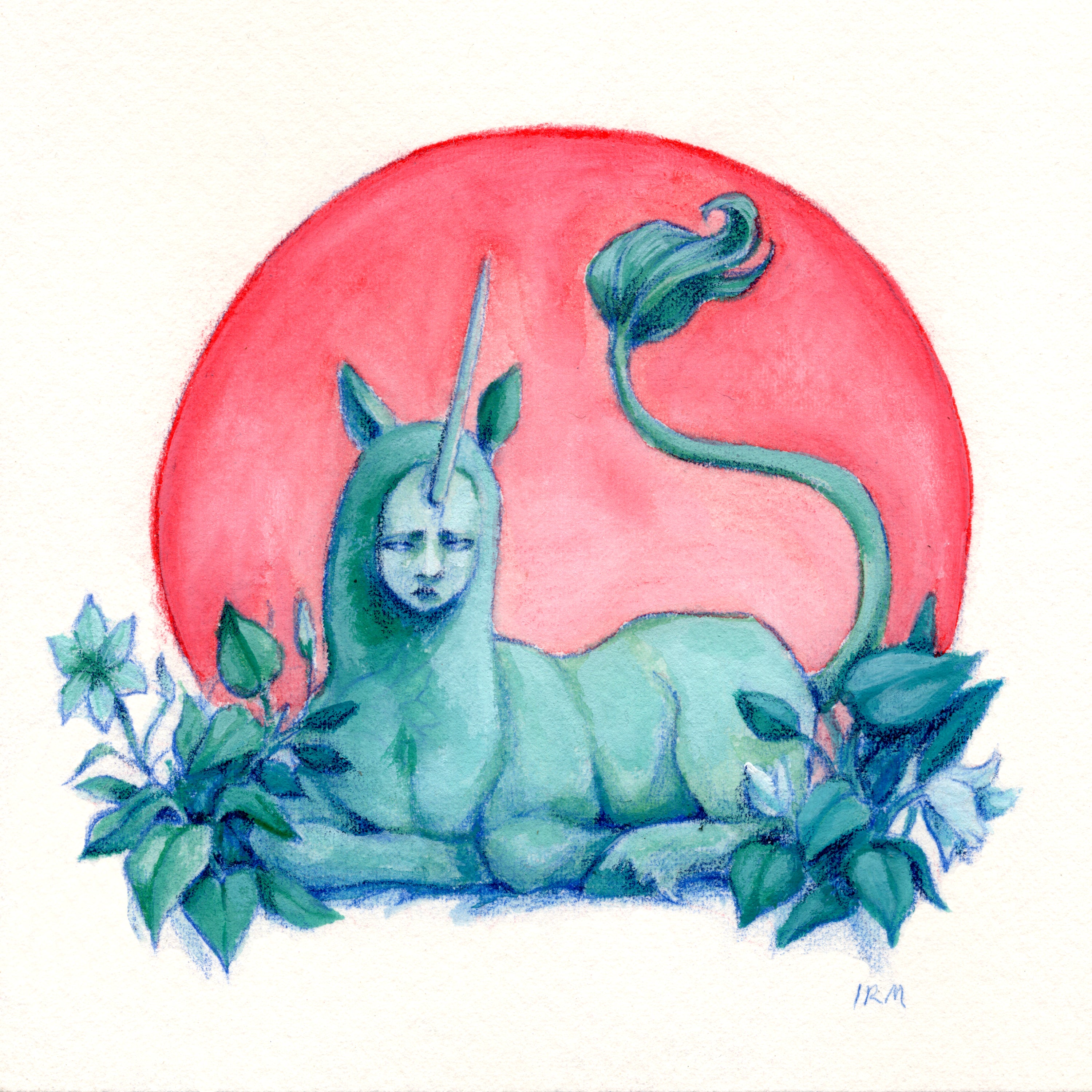 Illustration of a creature with a unicorn horn and tail, lying among plants against a red sun background.