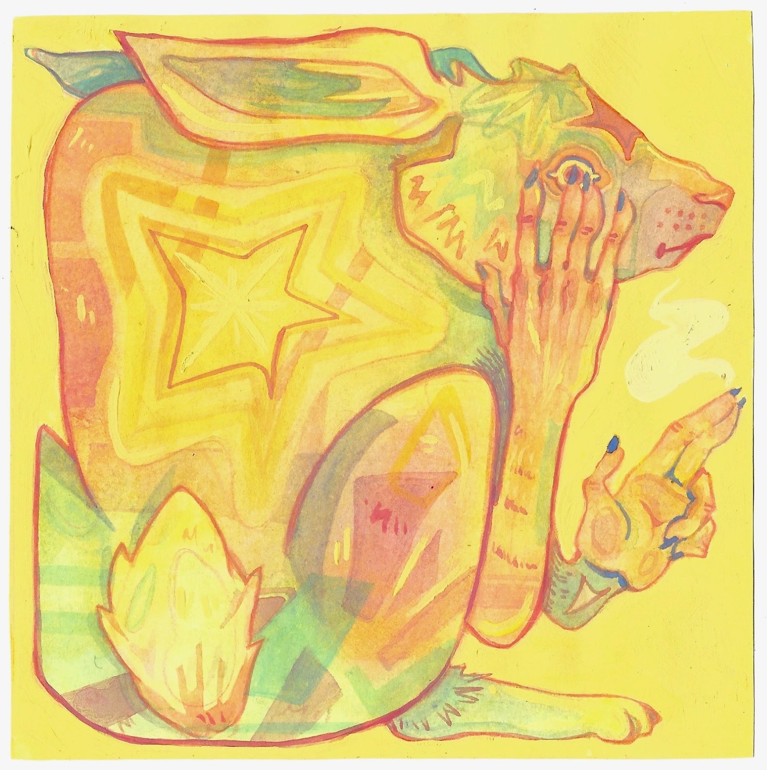 Colorful abstract illustration of a rabbit with a star on a yellow background