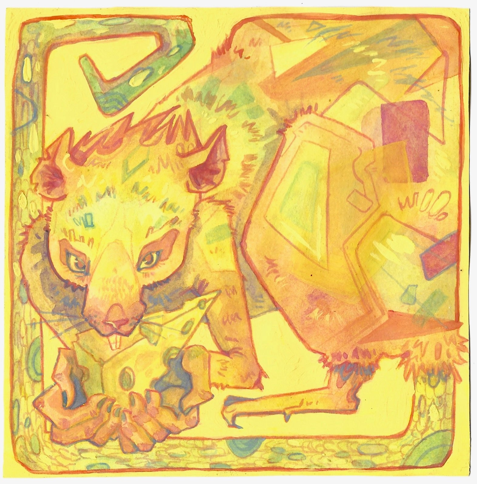 Abstract artwork of a lion with geometric shapes on a yellow background