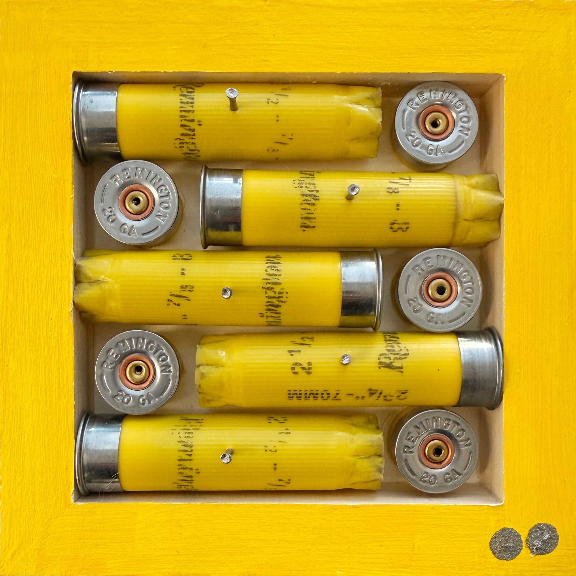 Yellow shotgun shells with silver casings in a box on a yellow background