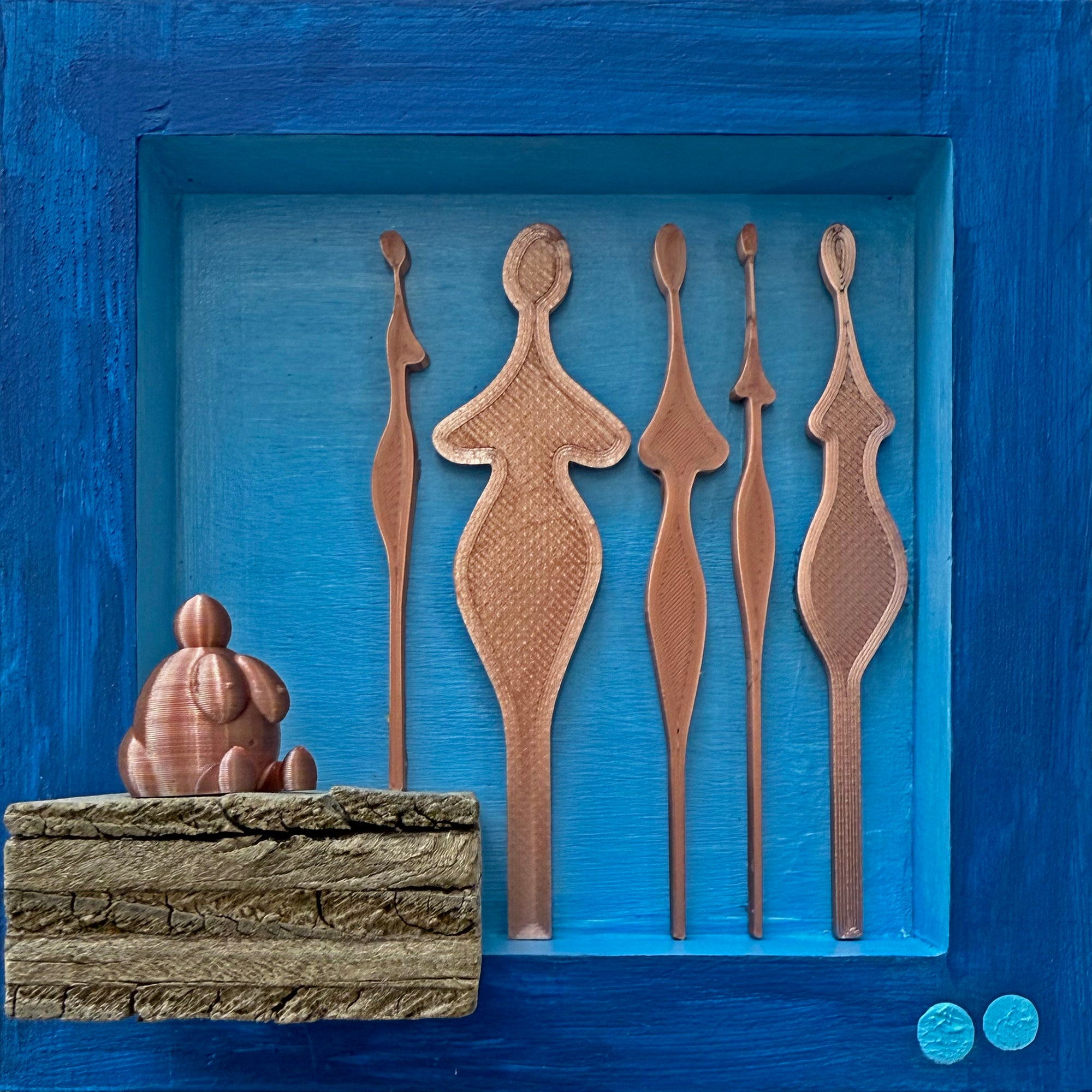 Set of abstract bronze sculptures on a blue background