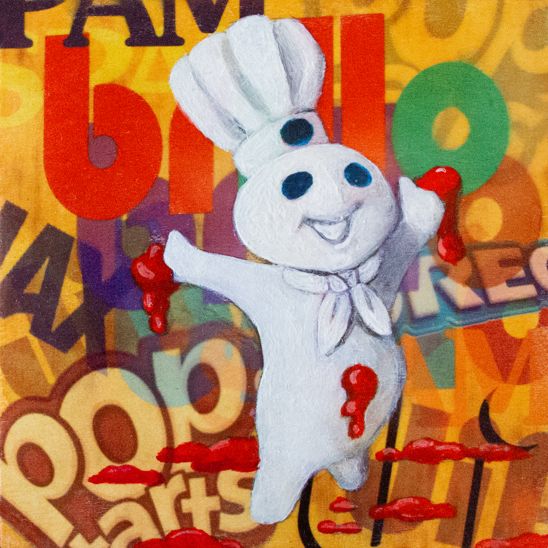 Cartoon ghost character with a chef's hat on a colorful background