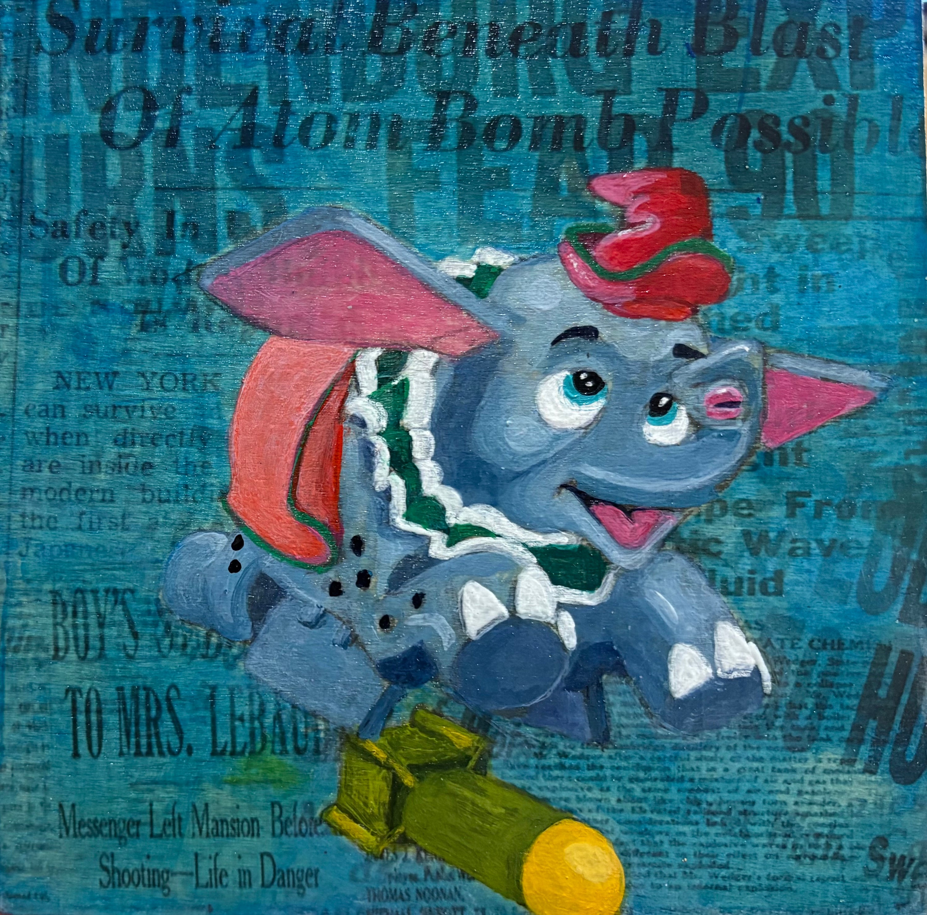 Cartoon elephant character with red hat and pink wings on a blue background with text