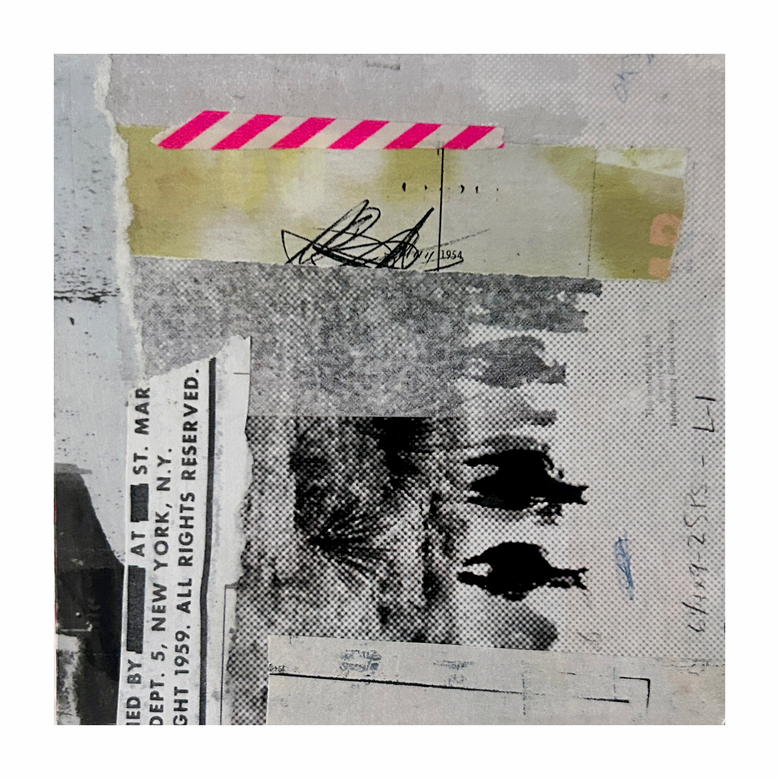 Collage art with text, graphics, and abstract elements on a textured background