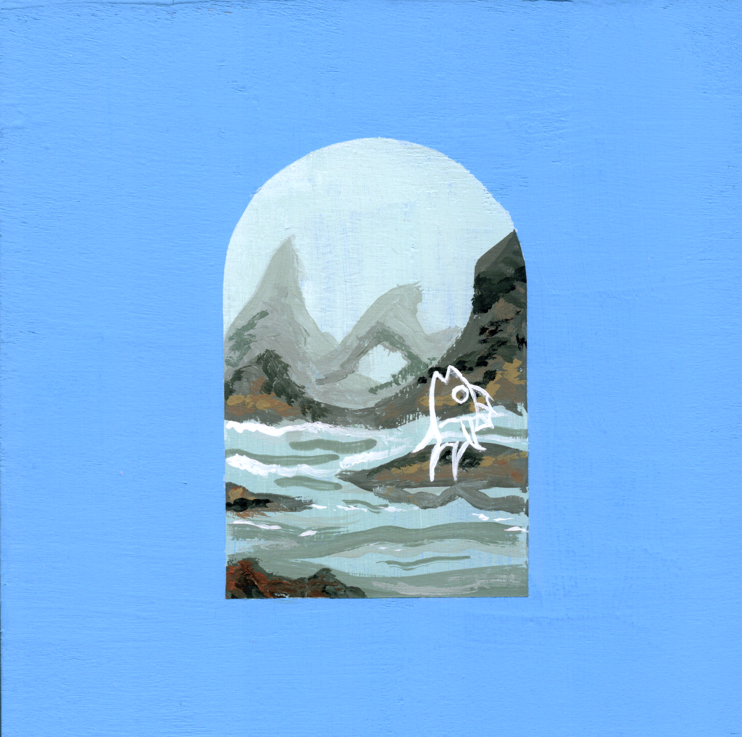 Mountain landscape with a archway and a fox on a blue background
