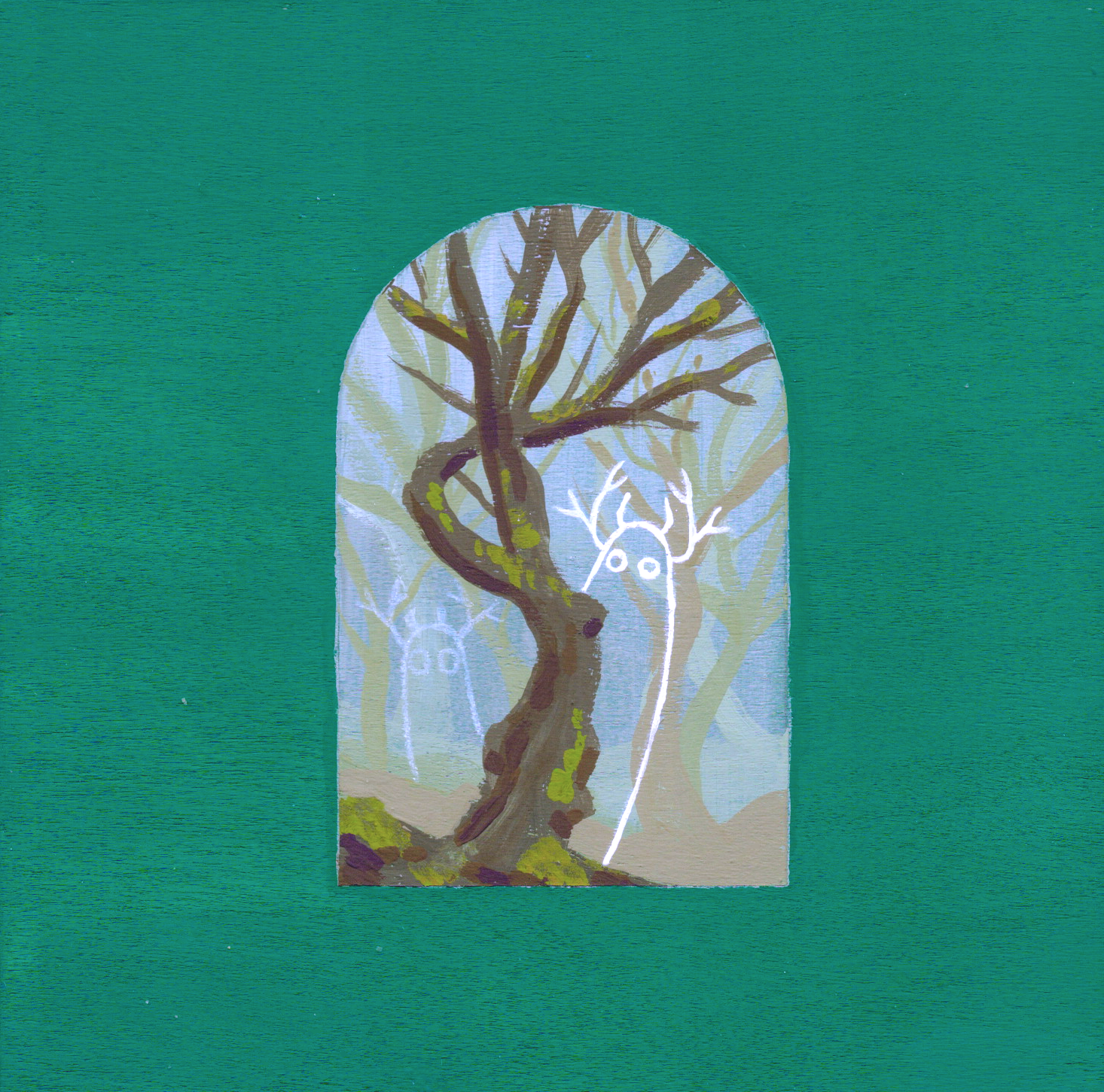 Artistic depiction of a tree within an arch on a teal background