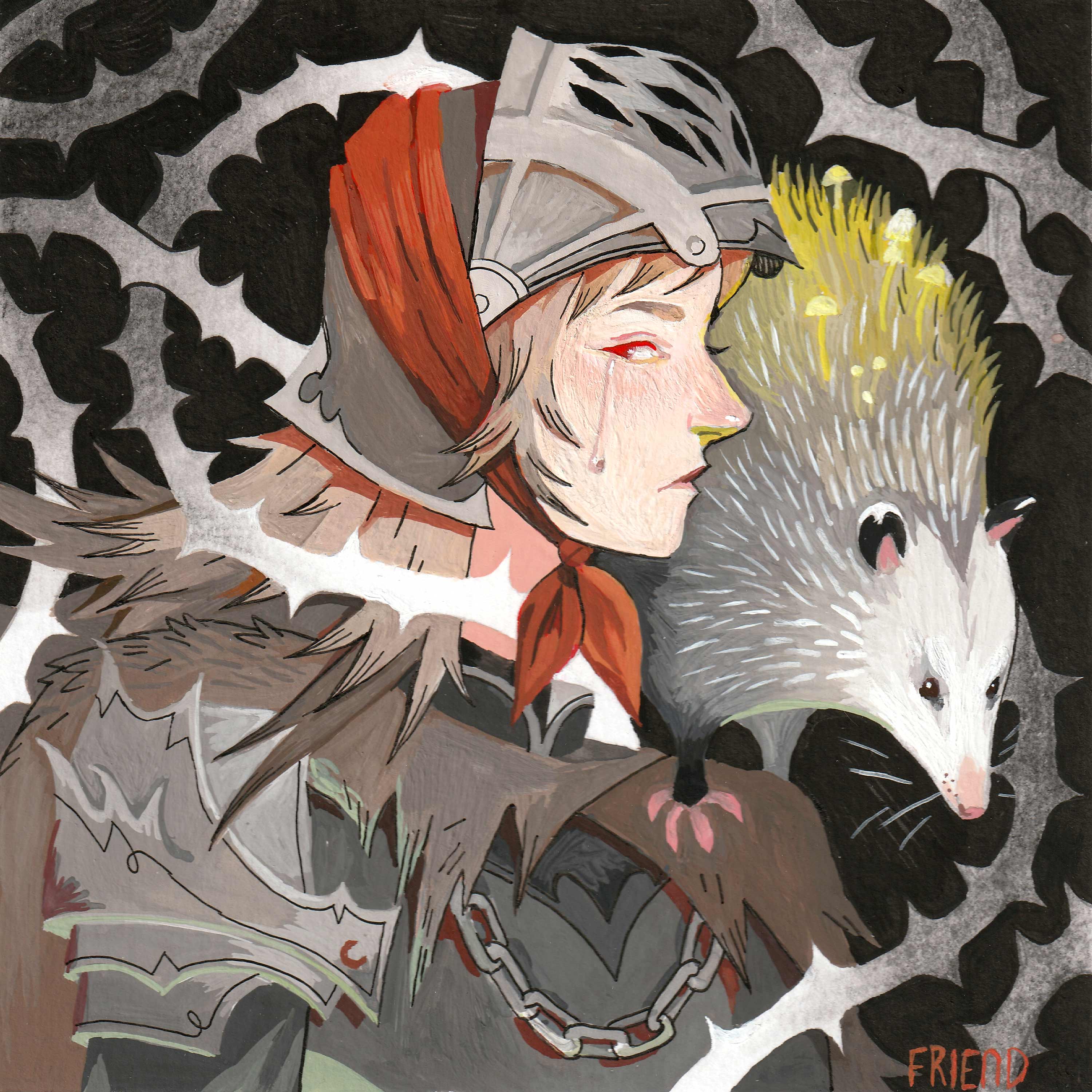 Illustration of a person in armor with a porcupine on a dark background