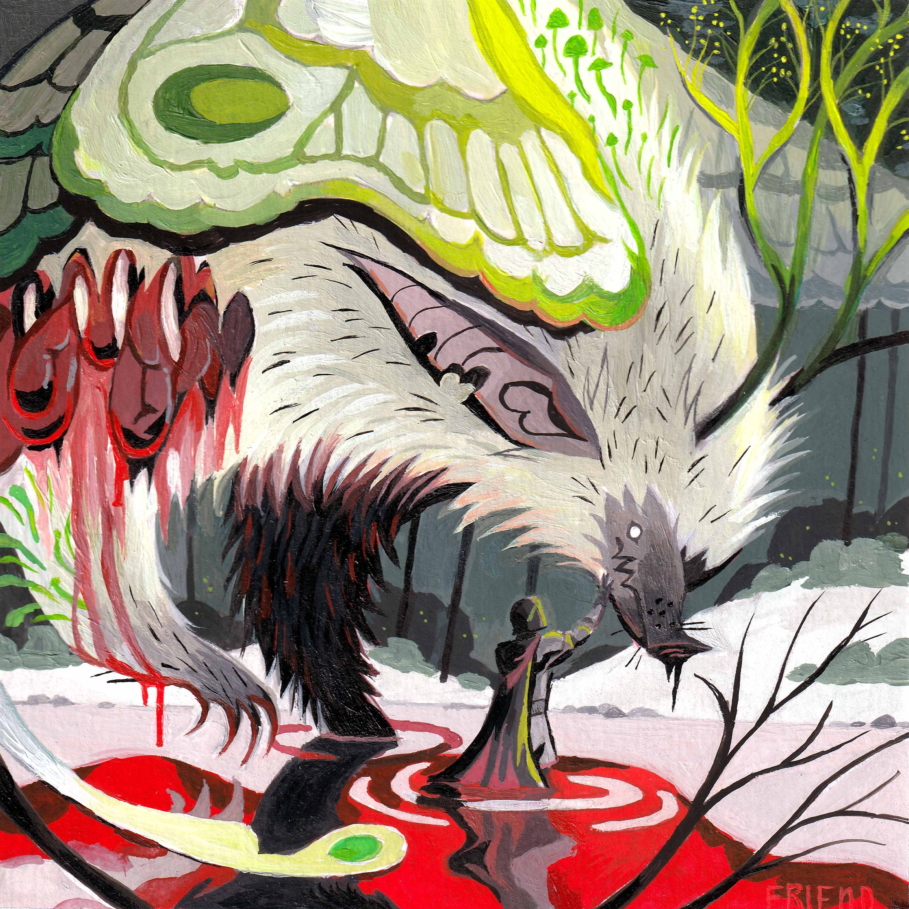 Colorful illustration of a large creature with a person in a reflective pool