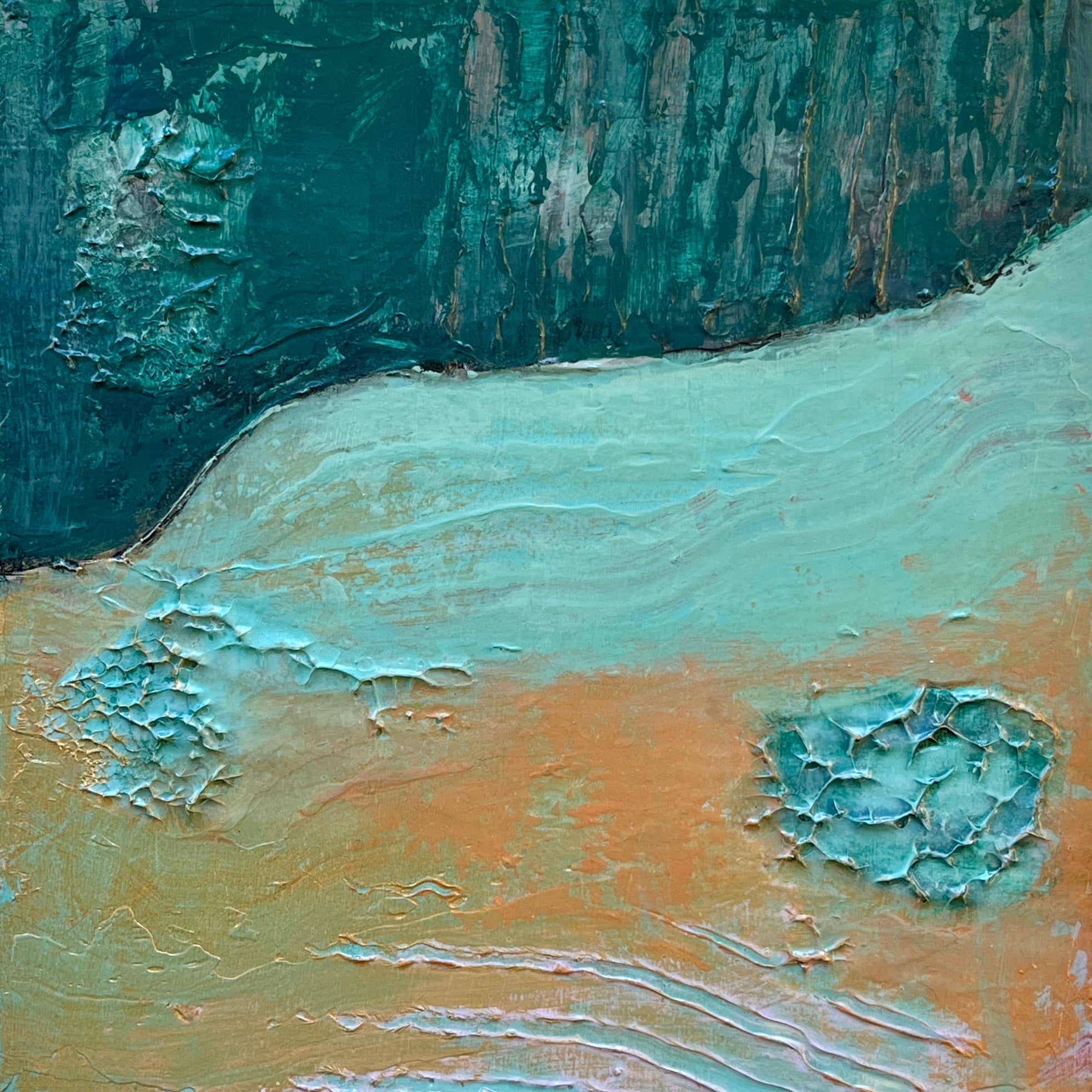 Abstract painting with textured brushstrokes in teal, green, and brown.