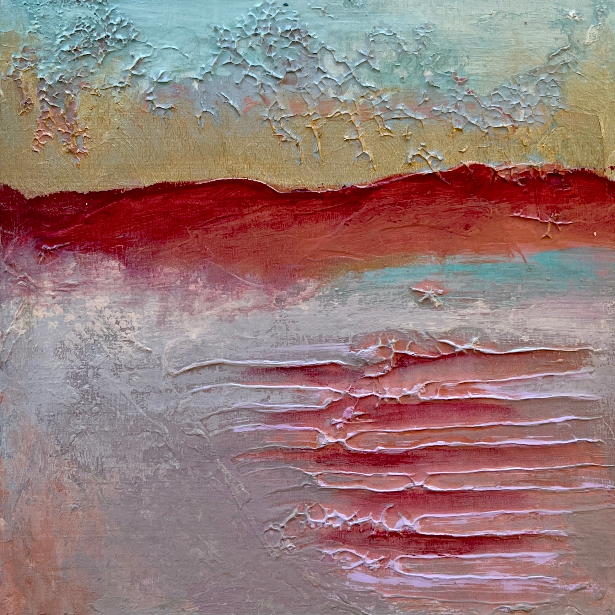 Abstract art with textured brushstrokes in red, blue, and beige