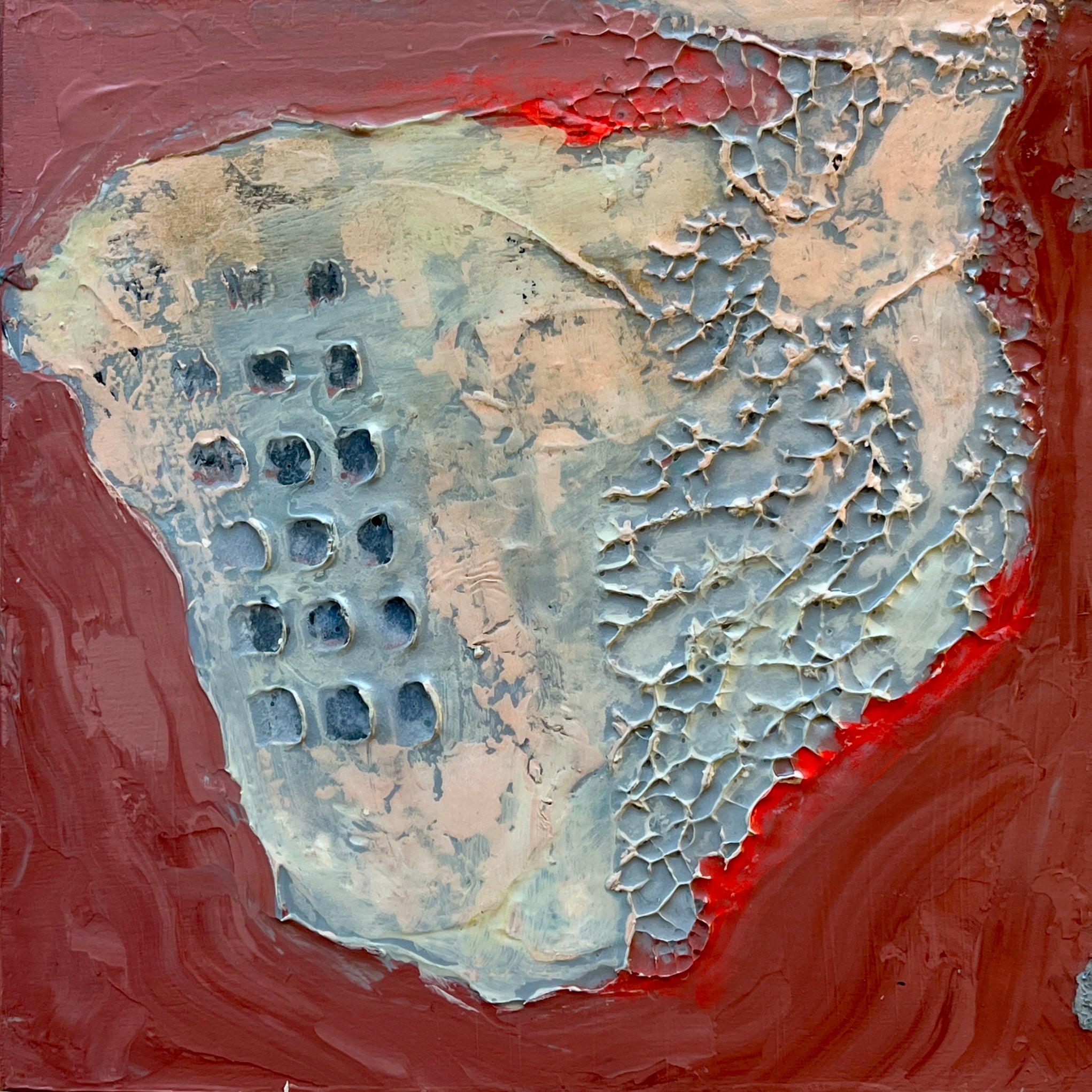 Abstract textured artwork with red and gray tones