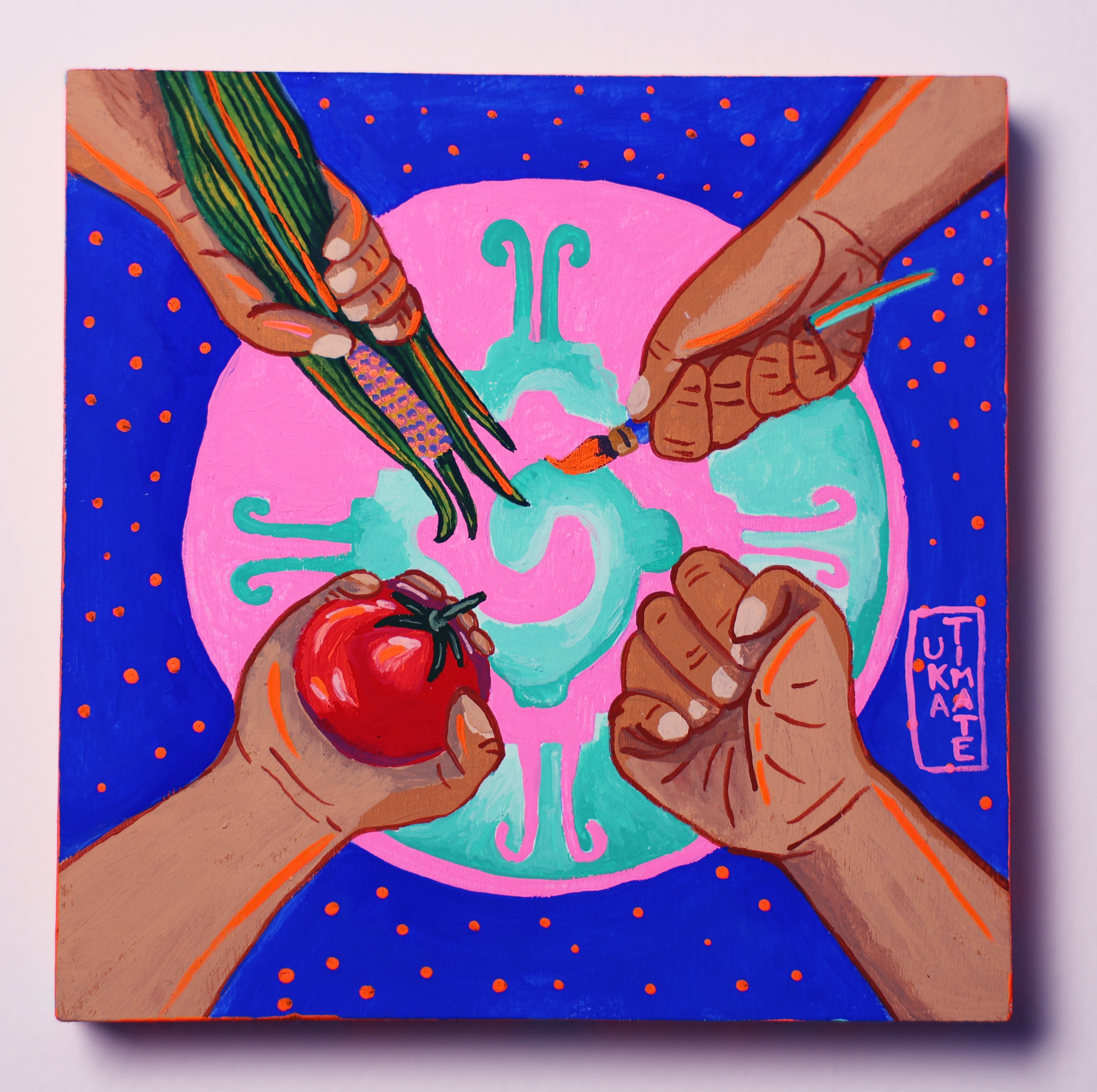 Colorful painting of hands holding a tomato, brush, and vegetables against a blue background with a pink circle.