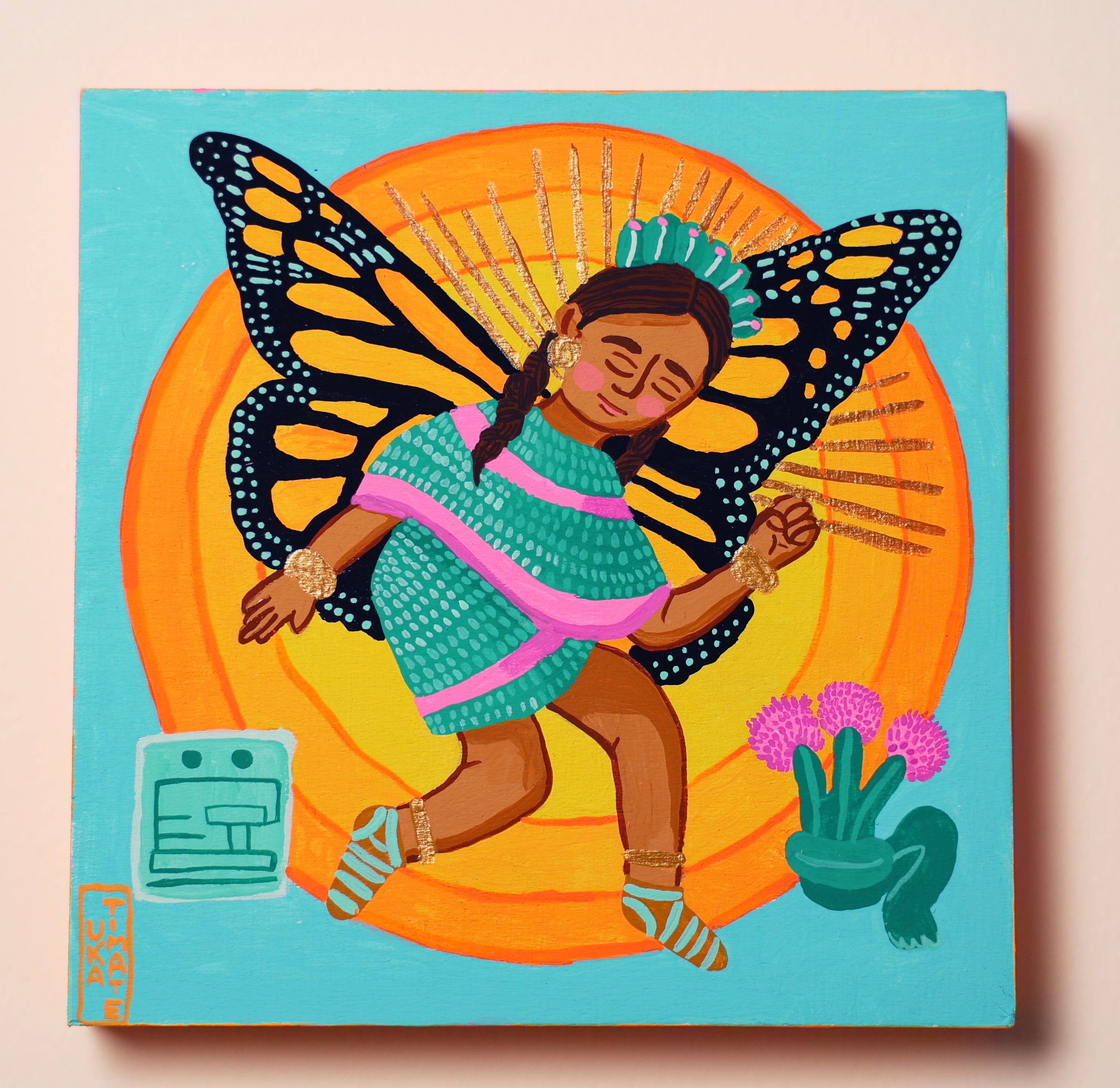 Colorful artwork of a girl with butterfly wings on a blue background