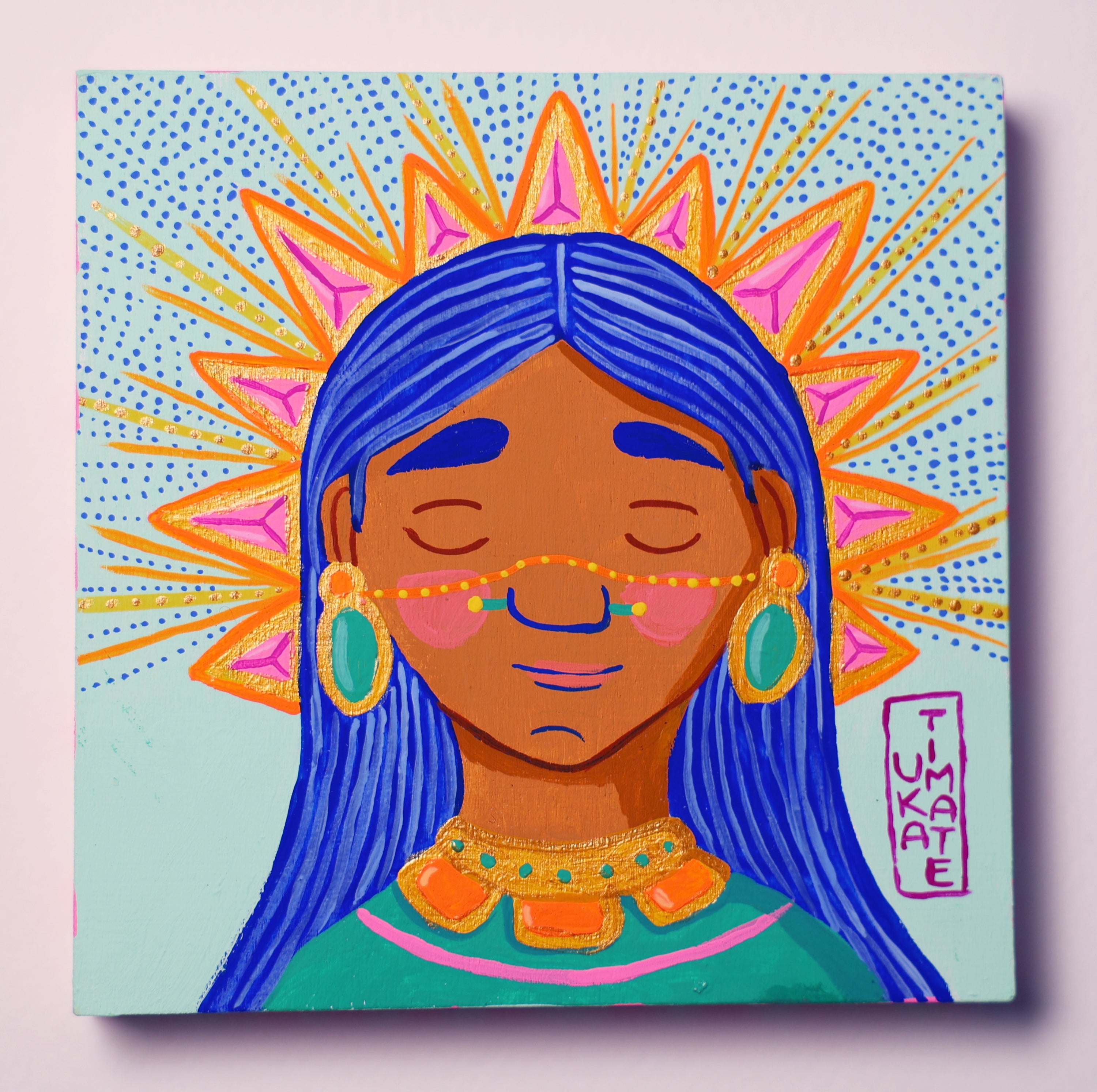 Colorful painting of a woman with blue hair and a starburst pattern on a light blue background.