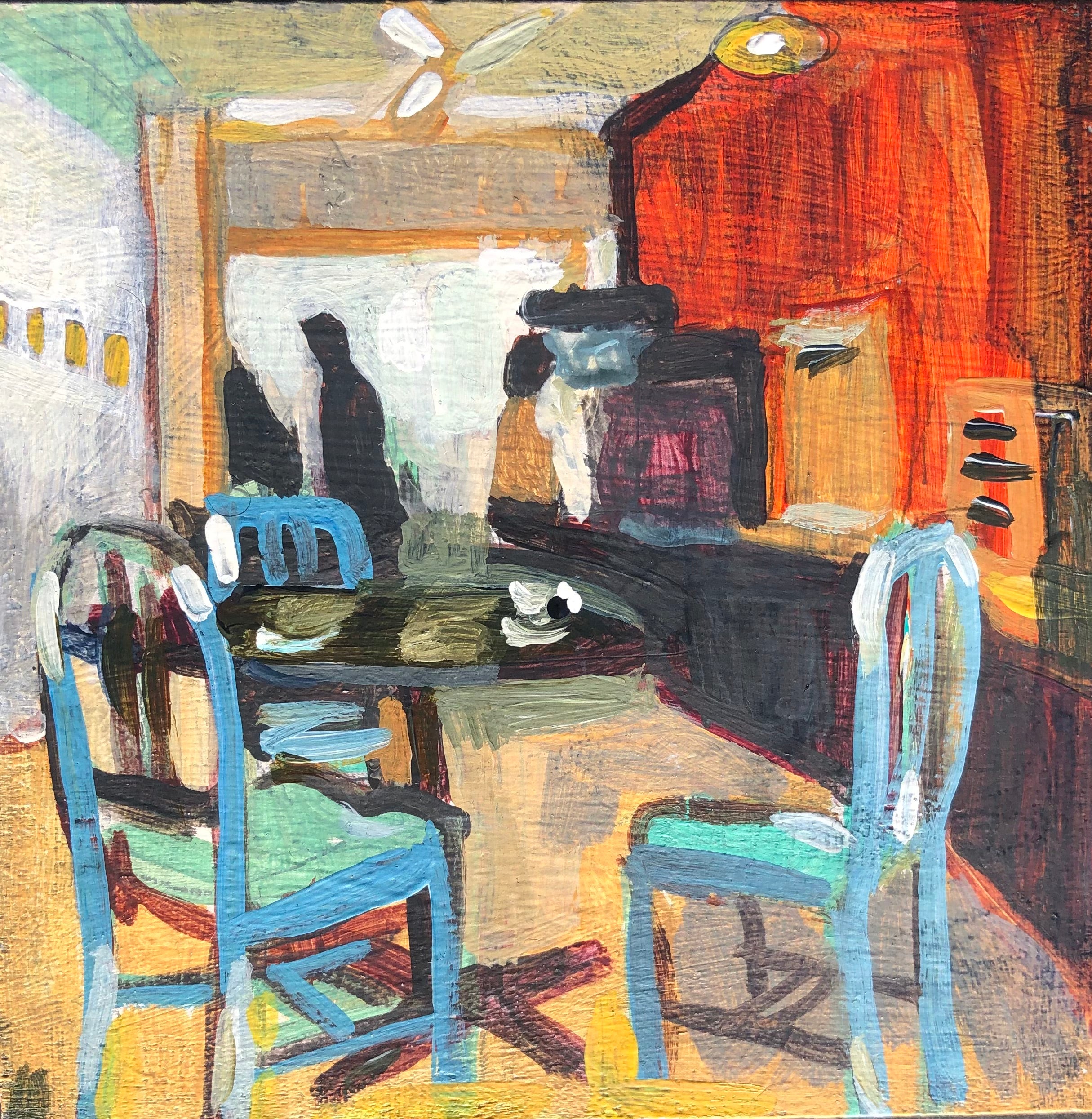 Painting of a room with a piano, table, and chairs.