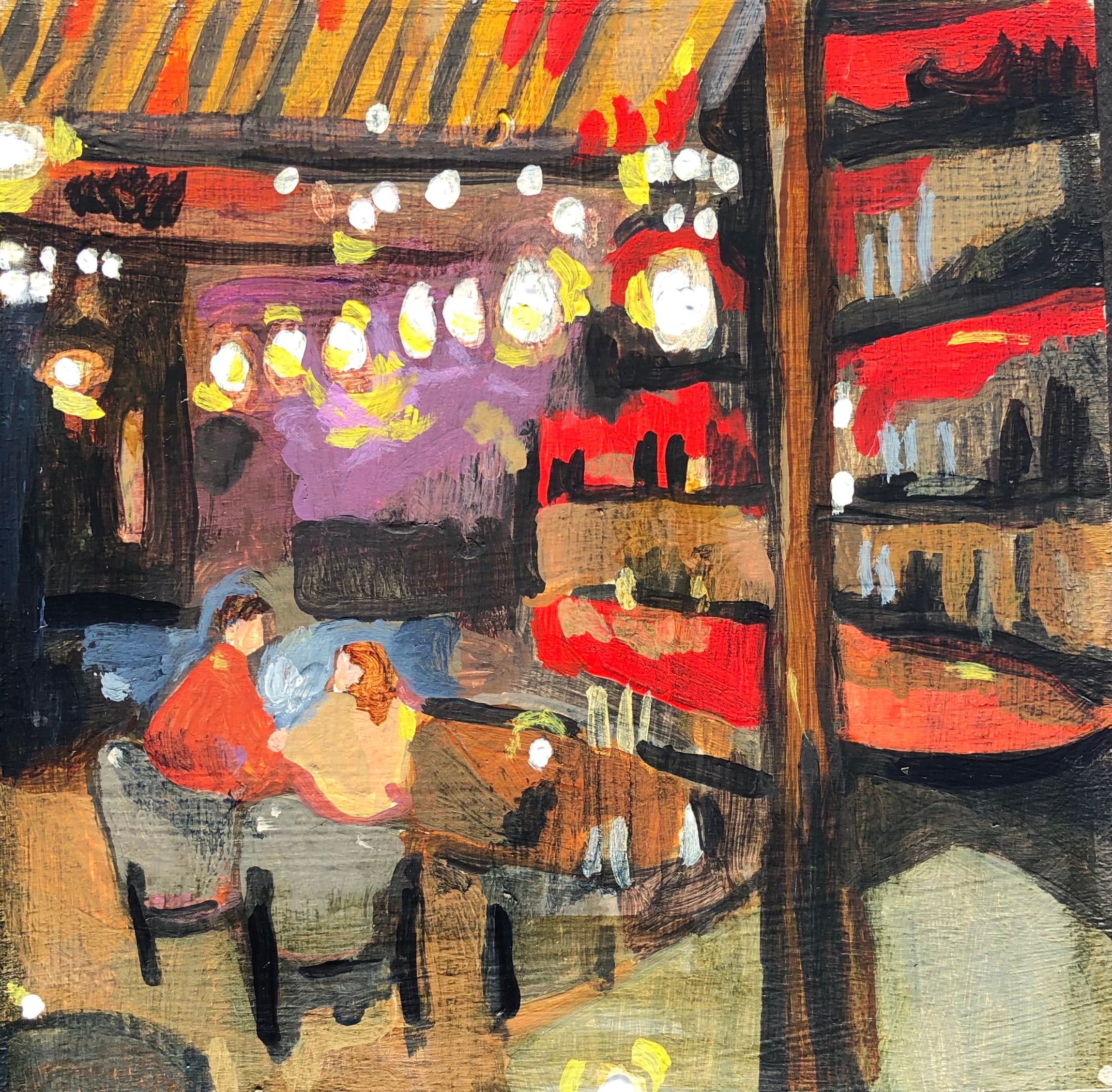 Painting of a couple sitting at a table in a cozy cafe with warm lighting.