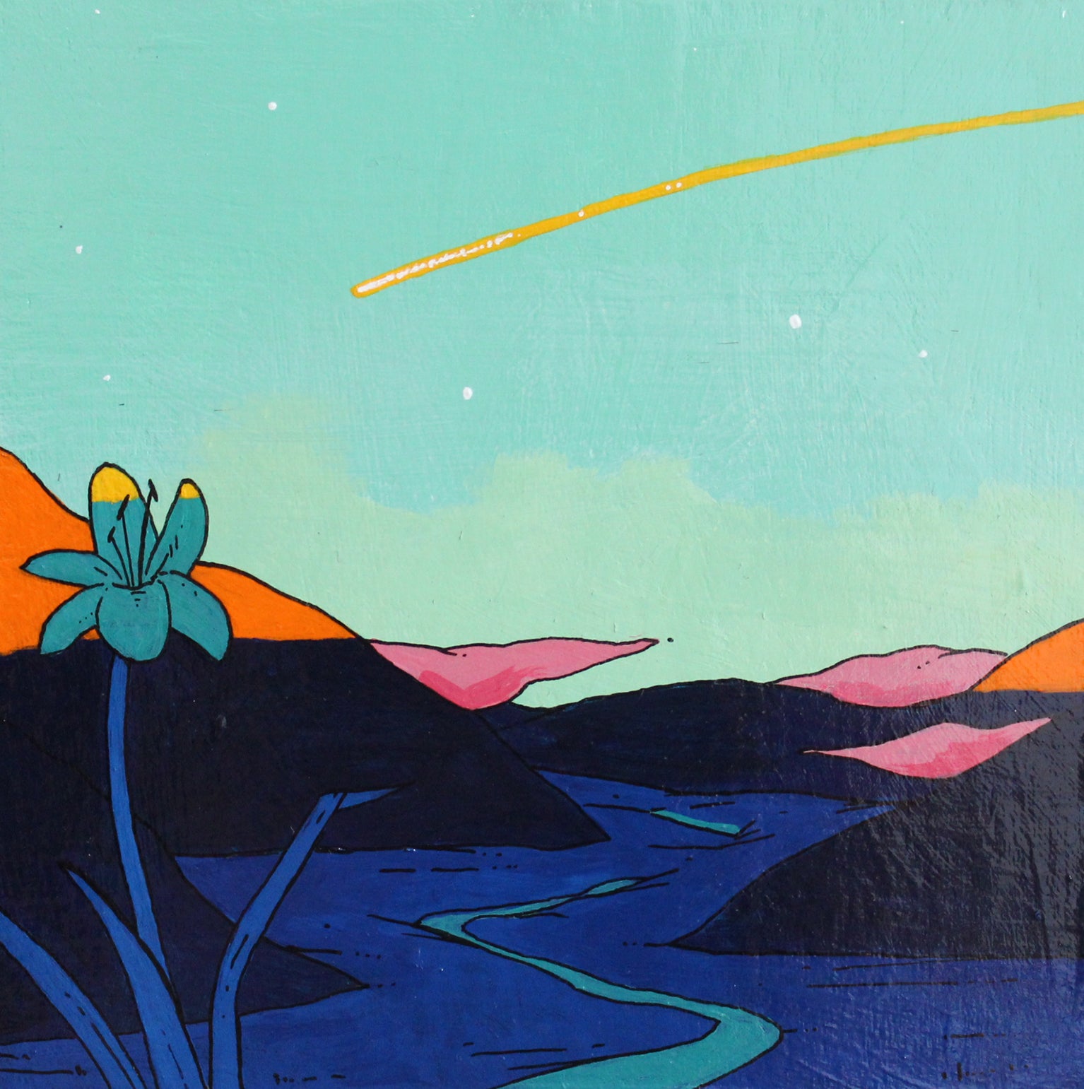 Colorful landscape with mountains, a flower, and a river under a blue sky.