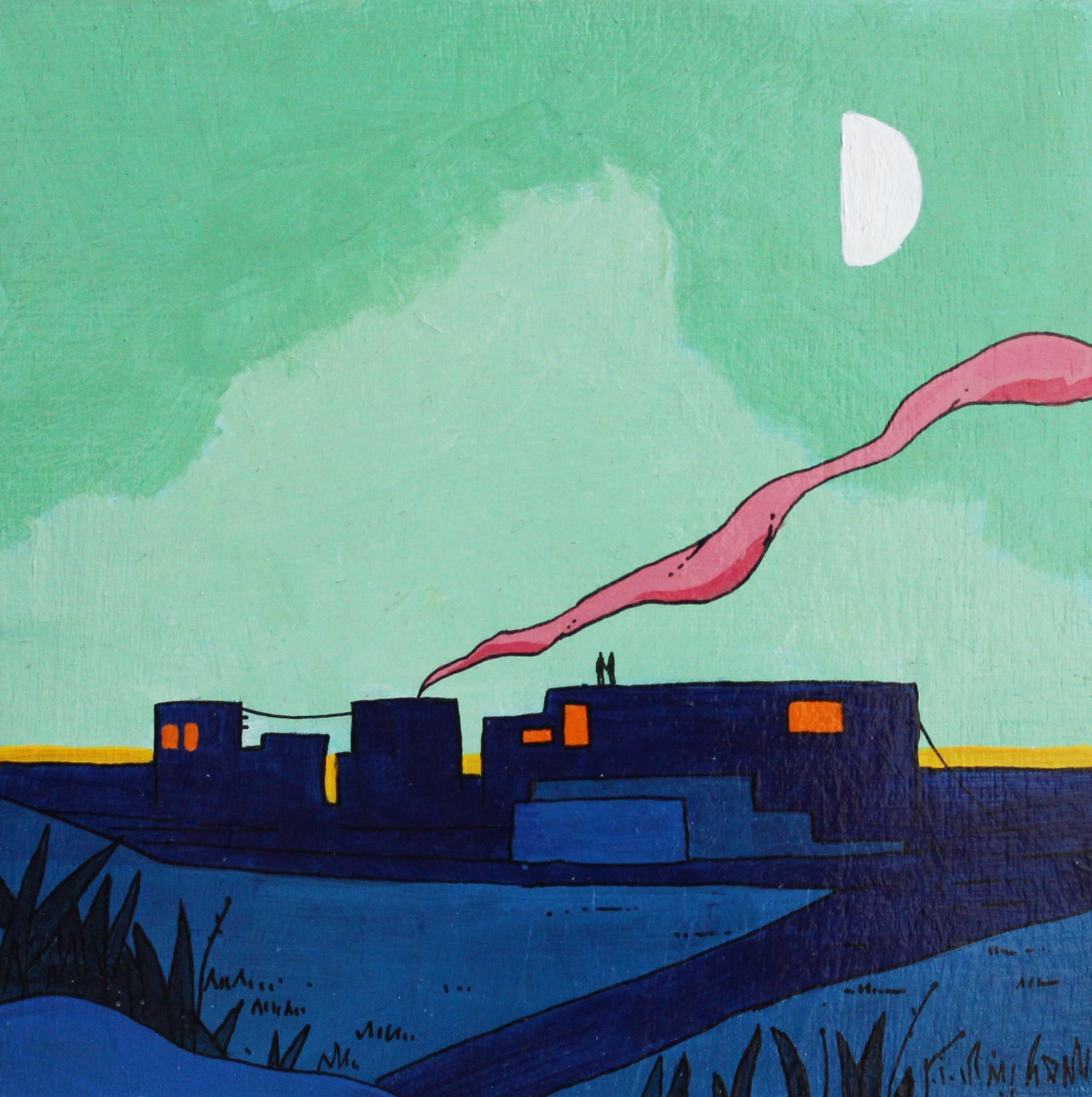 Abstract painting of a building with a pink smokestack against a green sky with a white moon.