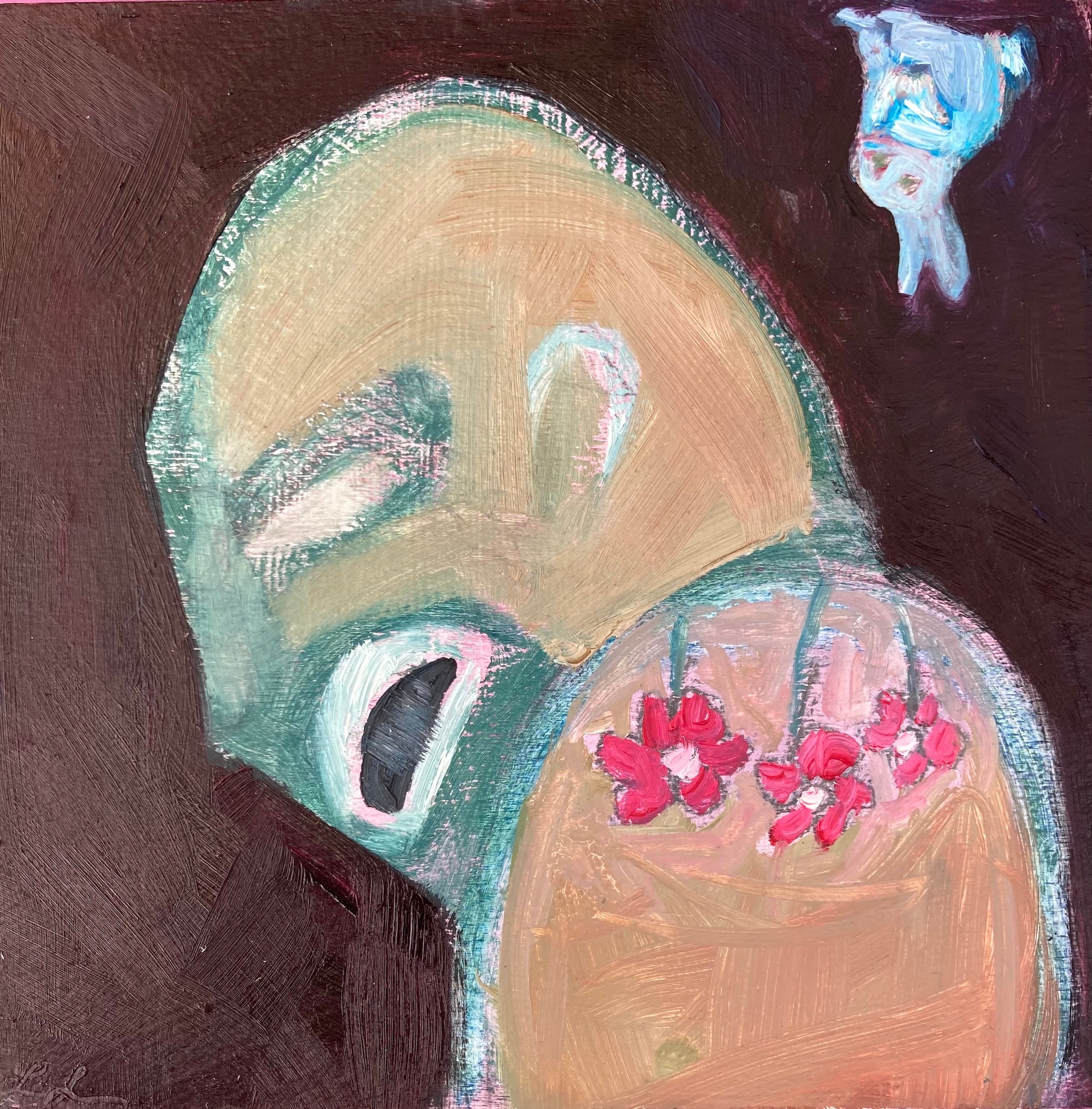 Abstract painting of a face with flowers on a dark background