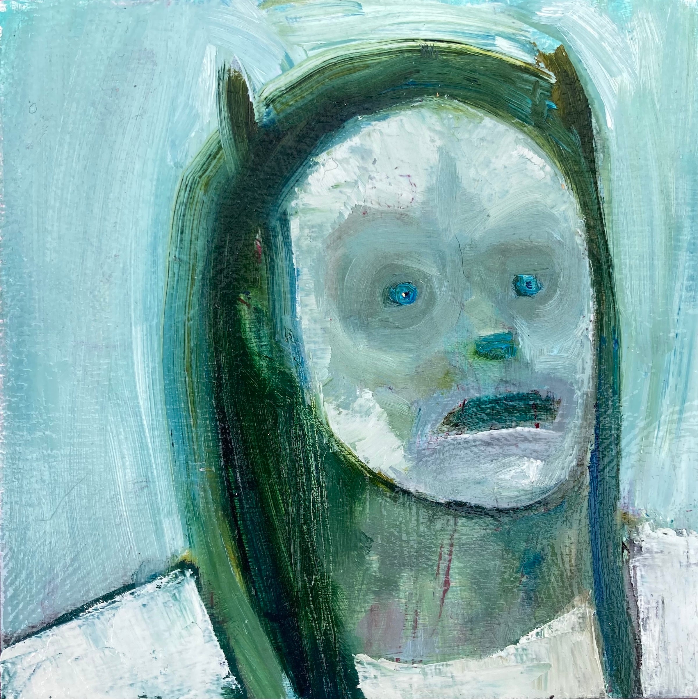 Abstract painting of a face with a neutral expression on a textured blue background