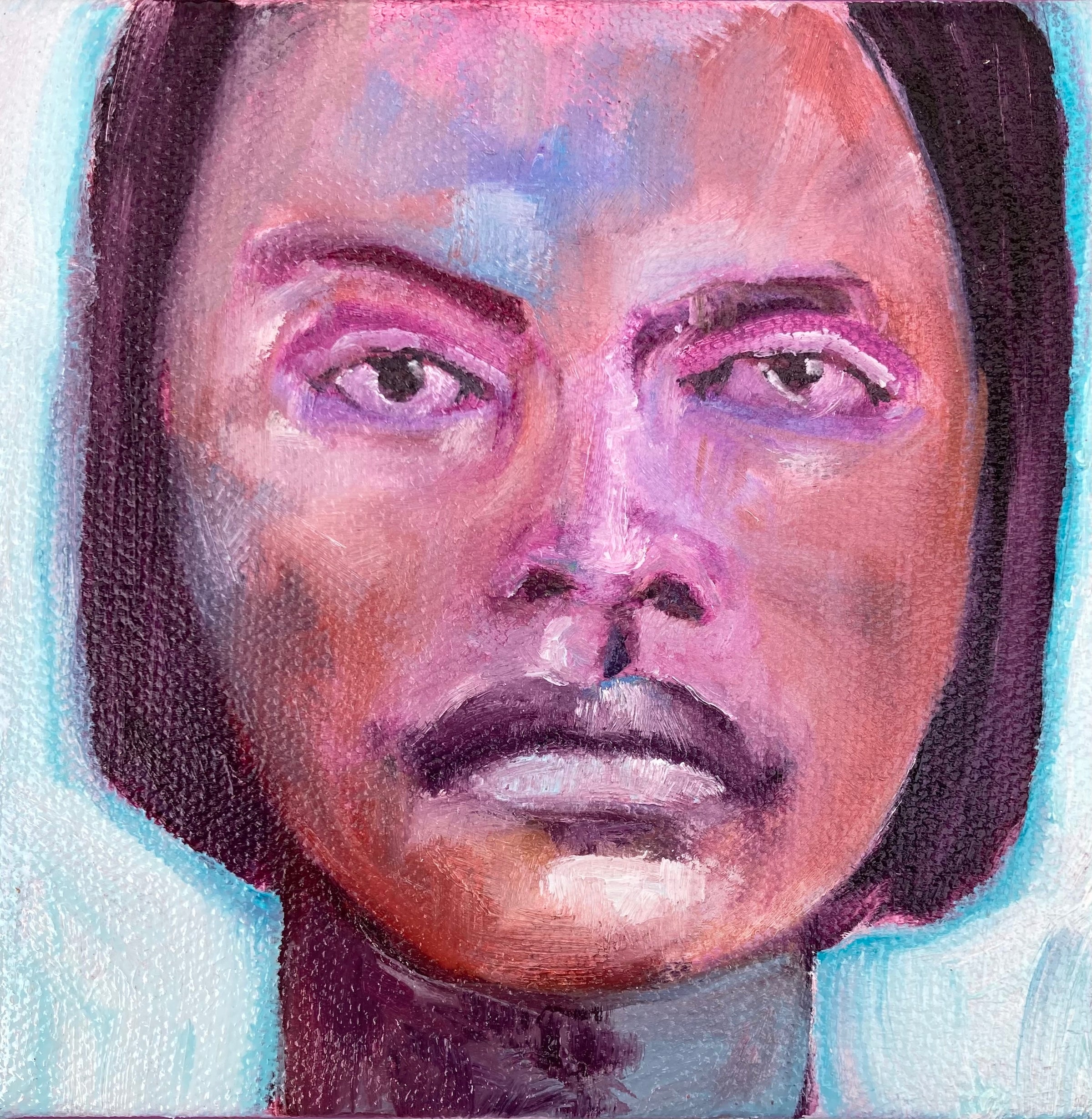 Artistic depiction of a person's face with a stylized background