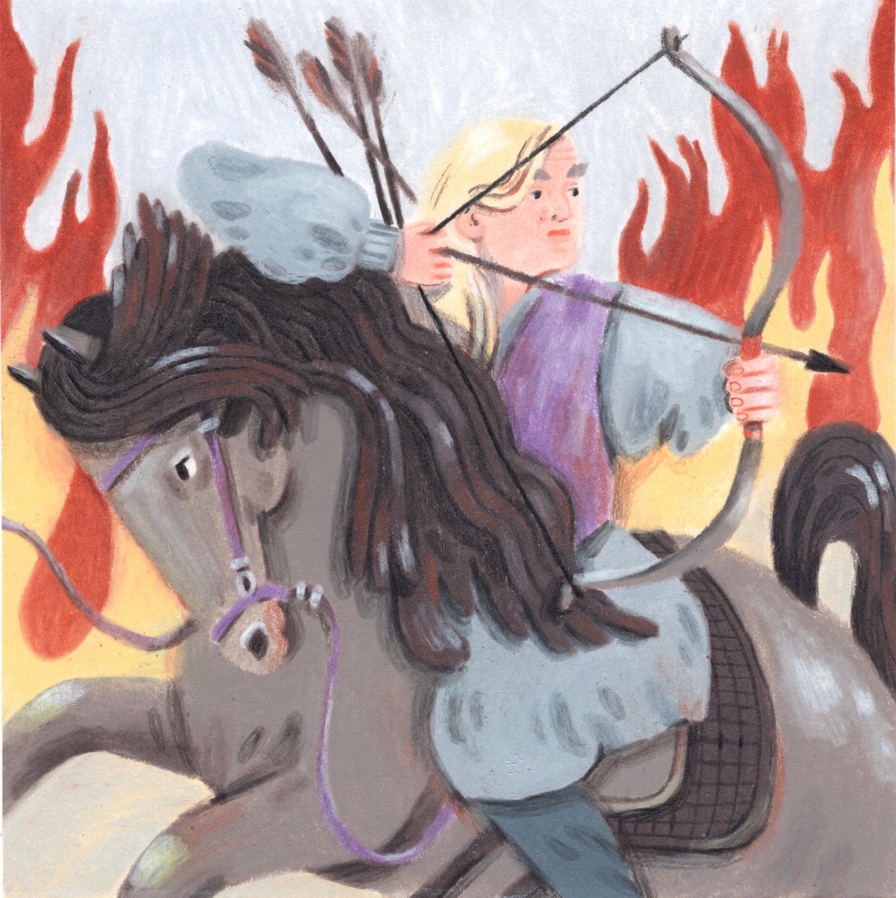 Illustration of a warrior on horseback with arrows, set against a fiery background.