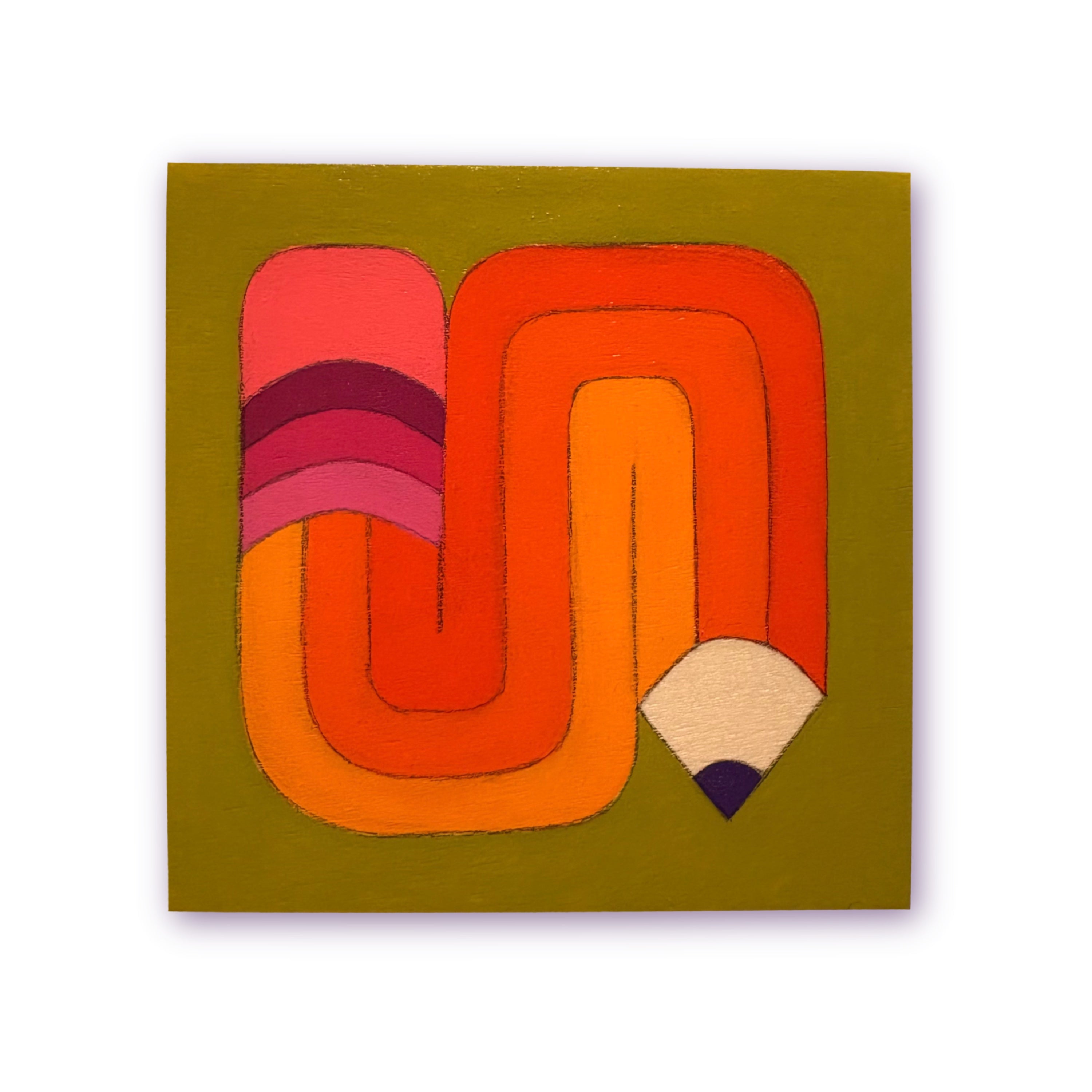 Abstract artwork with wavy lines in orange, red, and pink on a green background