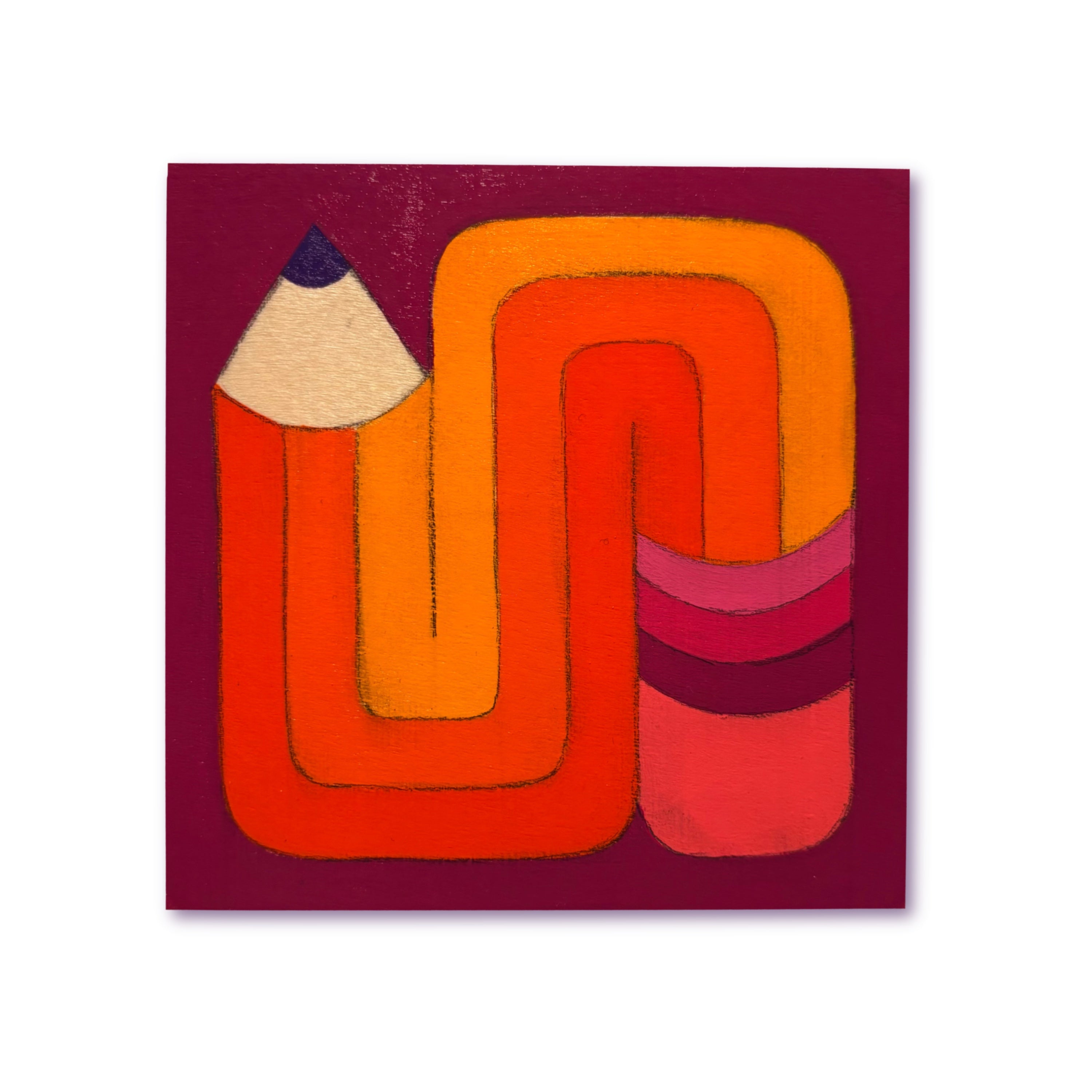 Colorful abstract artwork with a pencil-like shape on a red background