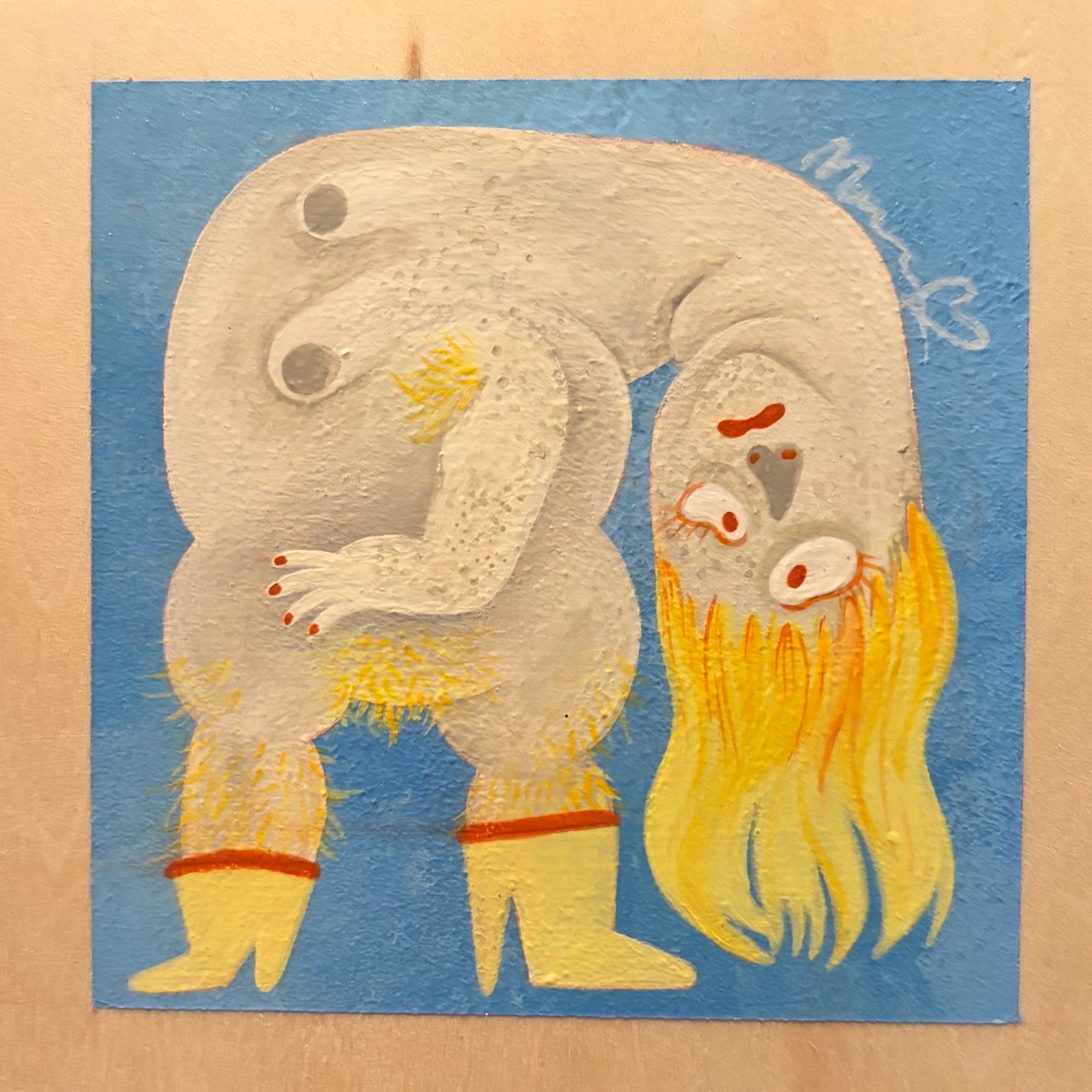 Abstract artwork of two figures with a blue background on a textured beige surface