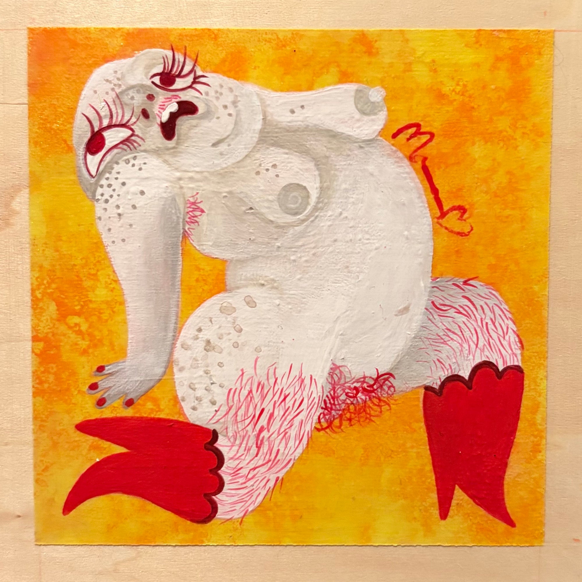 Surrealistic illustration of a creature with red accents on a yellow background