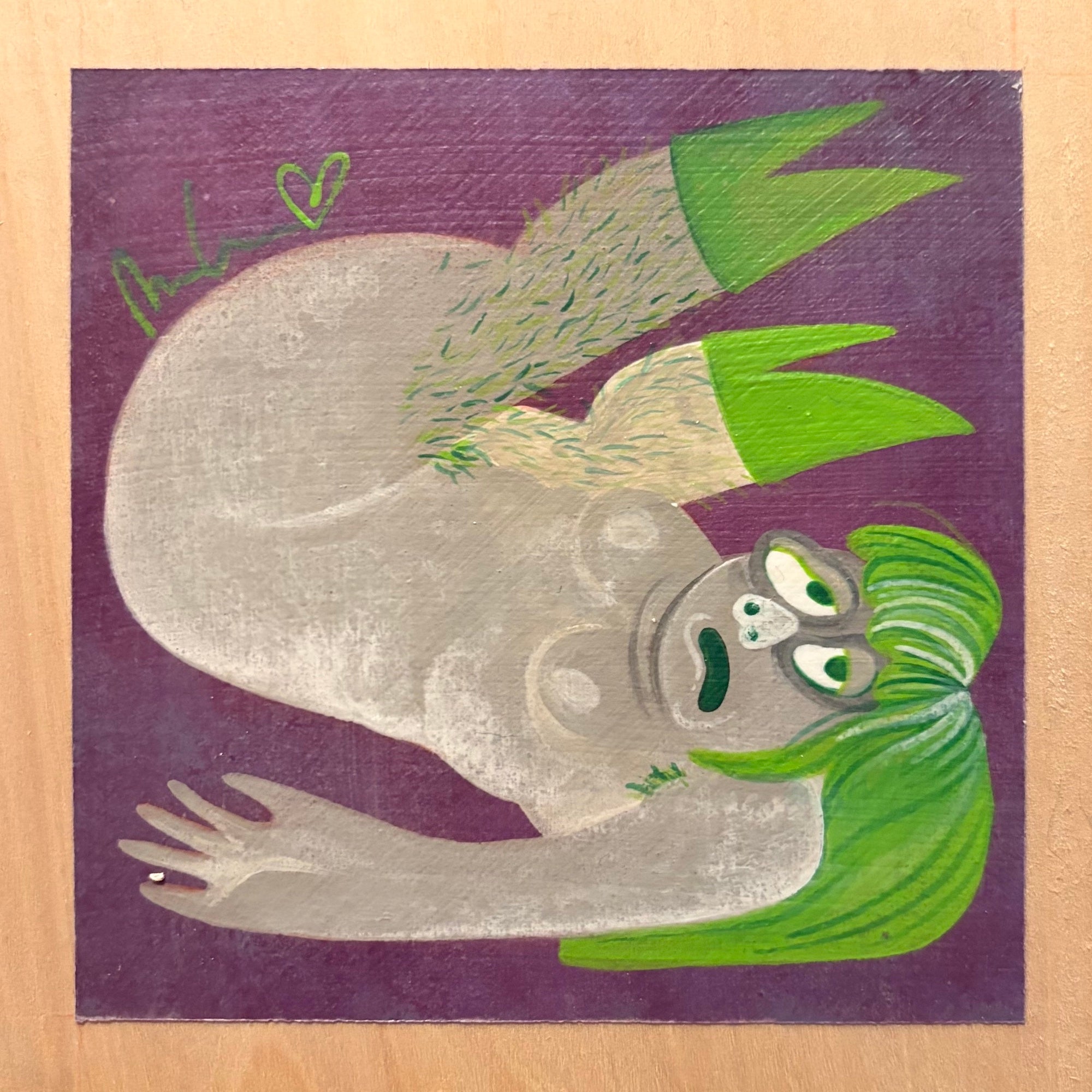 Illustration of a sloth with green leaves on a purple background