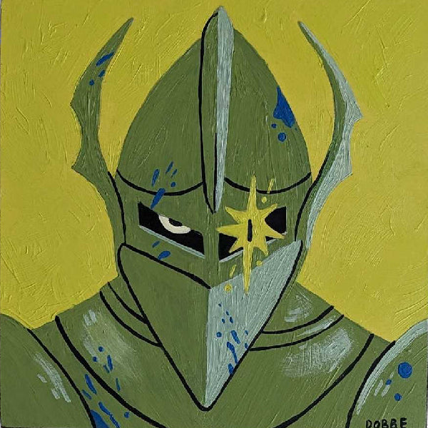 Painting of a green alien head with a yellow star on a yellow background