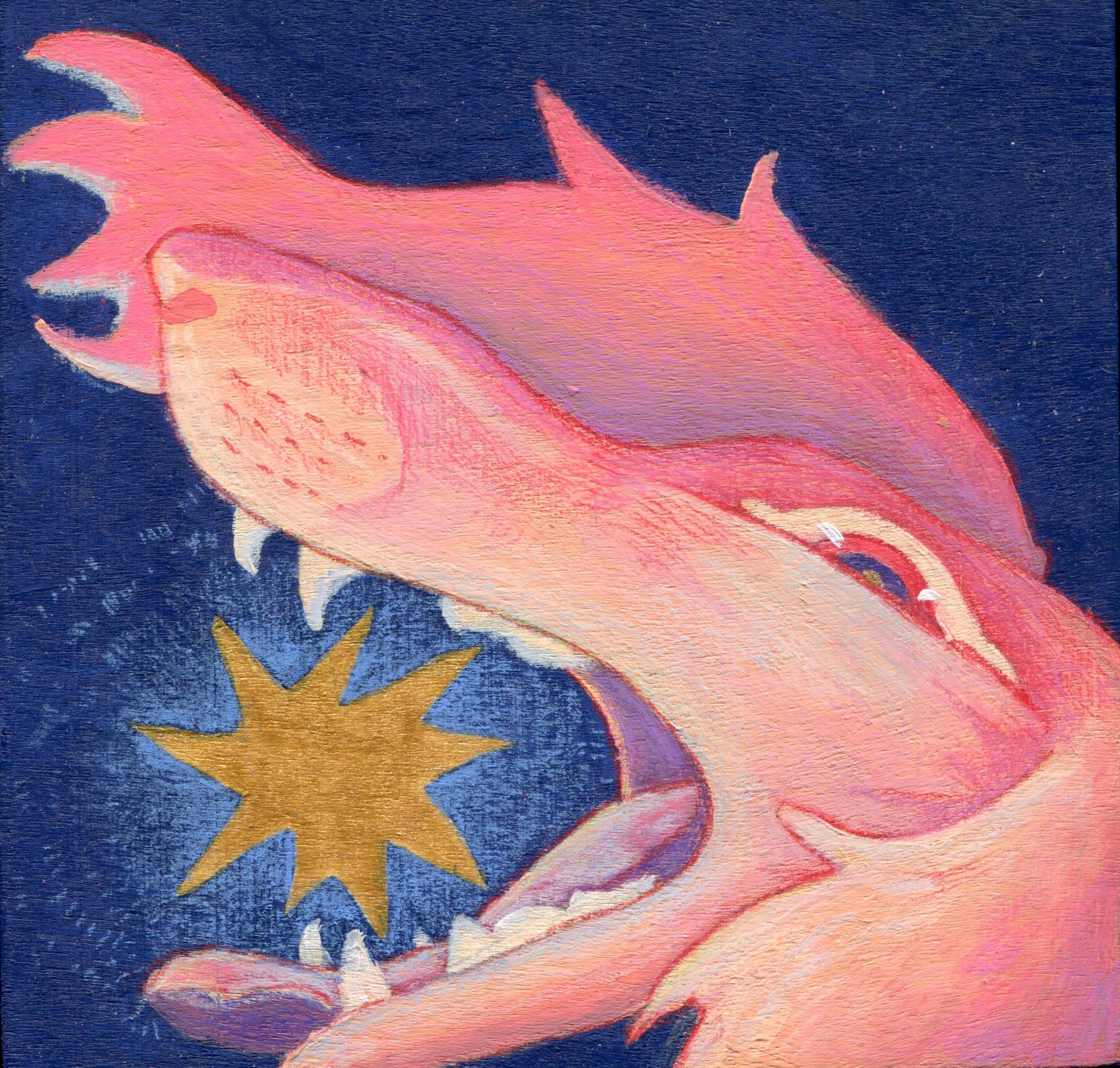 Illustration of a pink shark with an open mouth on a blue background