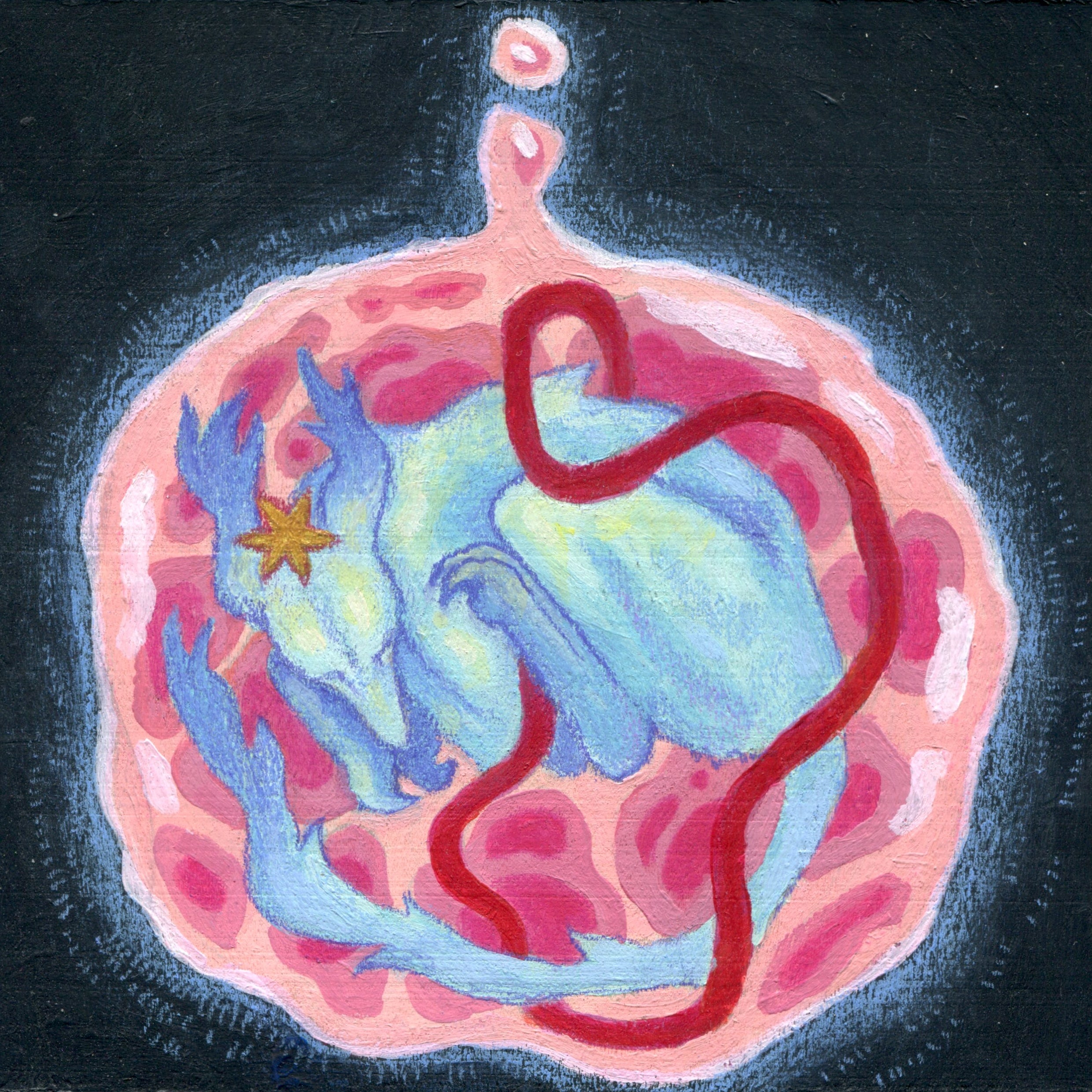 Colorful abstract painting of a creature with a red tentacle on a dark background