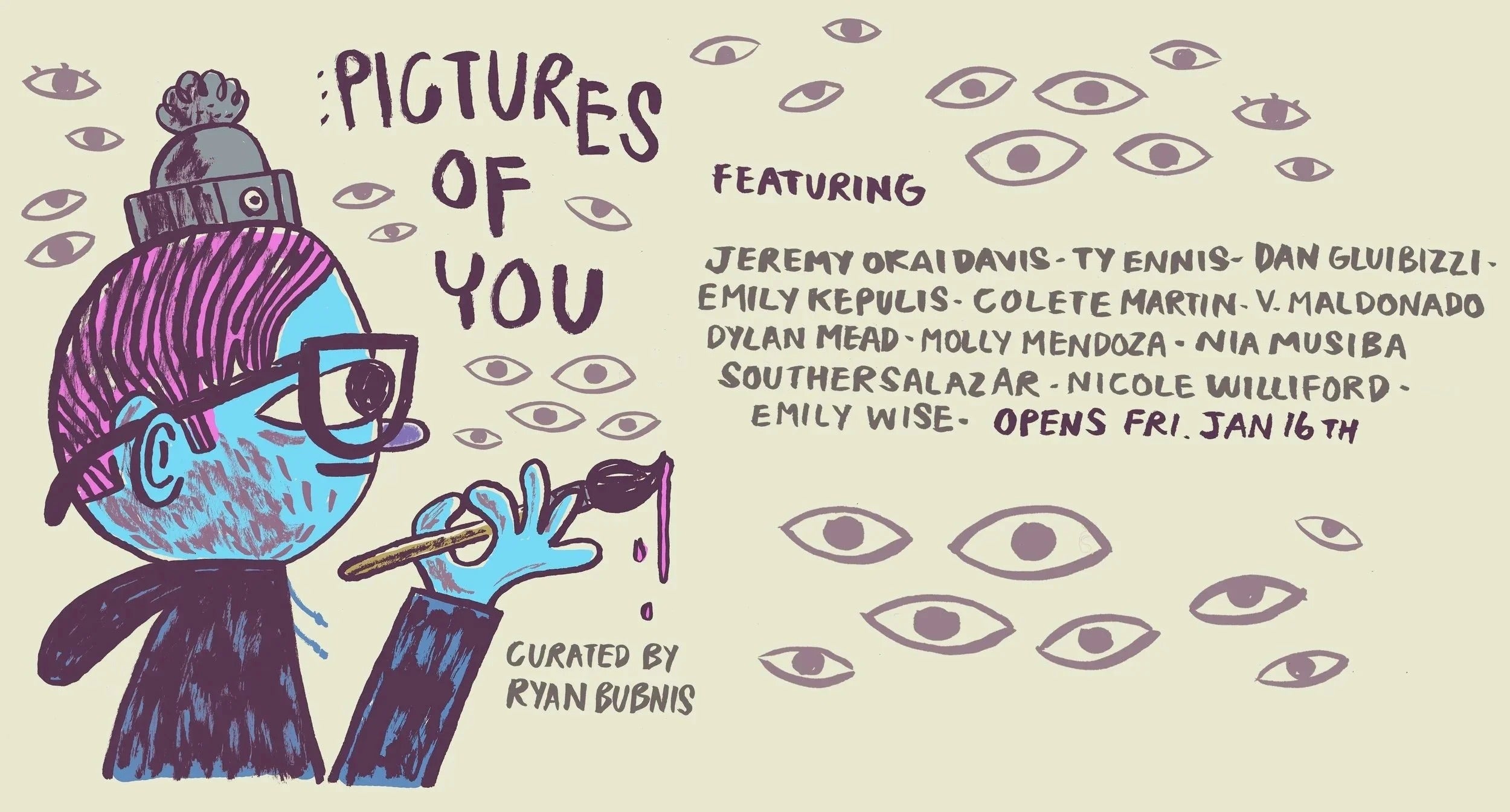 Illustration of a character with a paintbrush and text about an art exhibition featuring multiple artists.