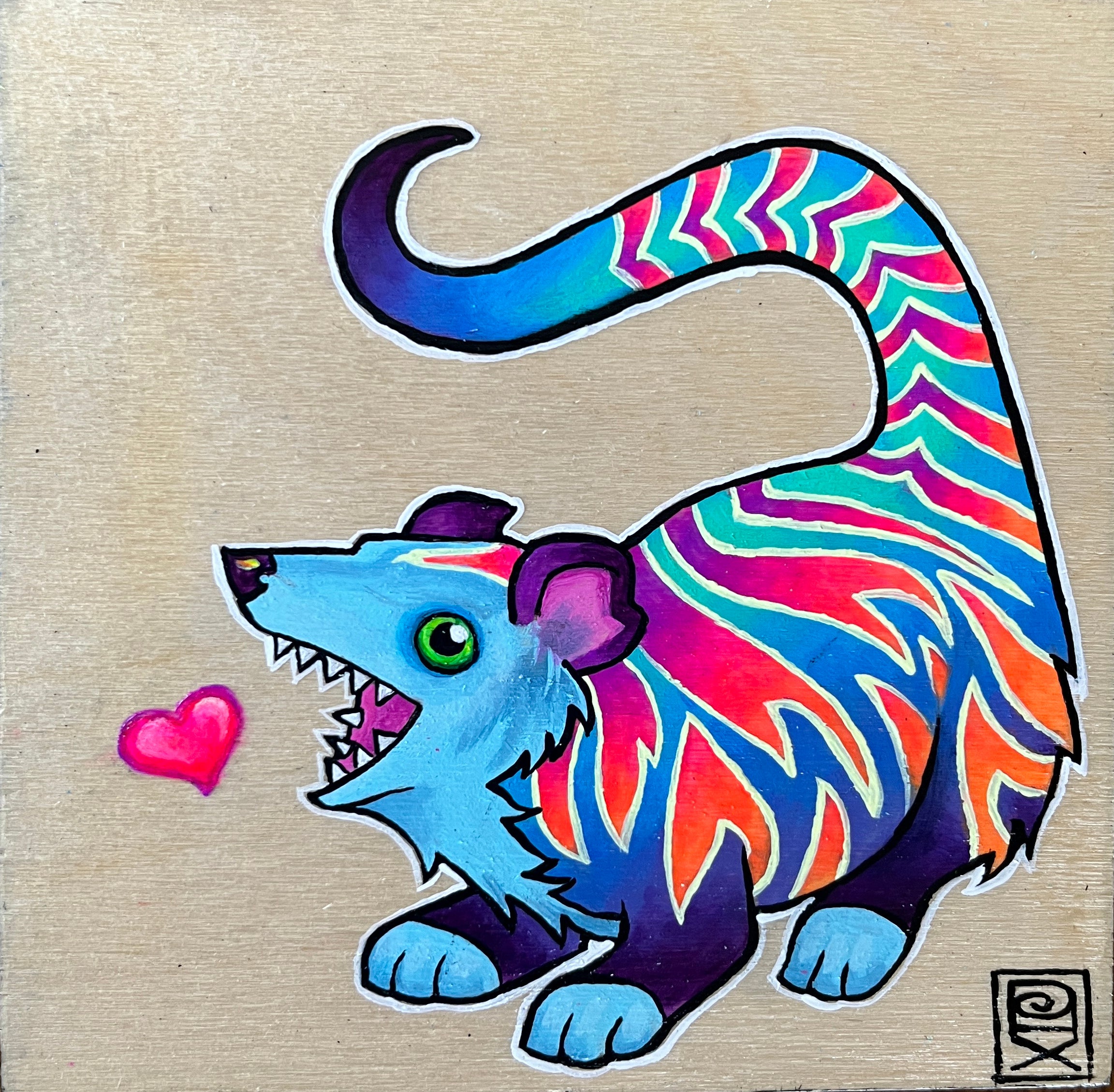 Colorful cartoon creature with a heart on a beige background