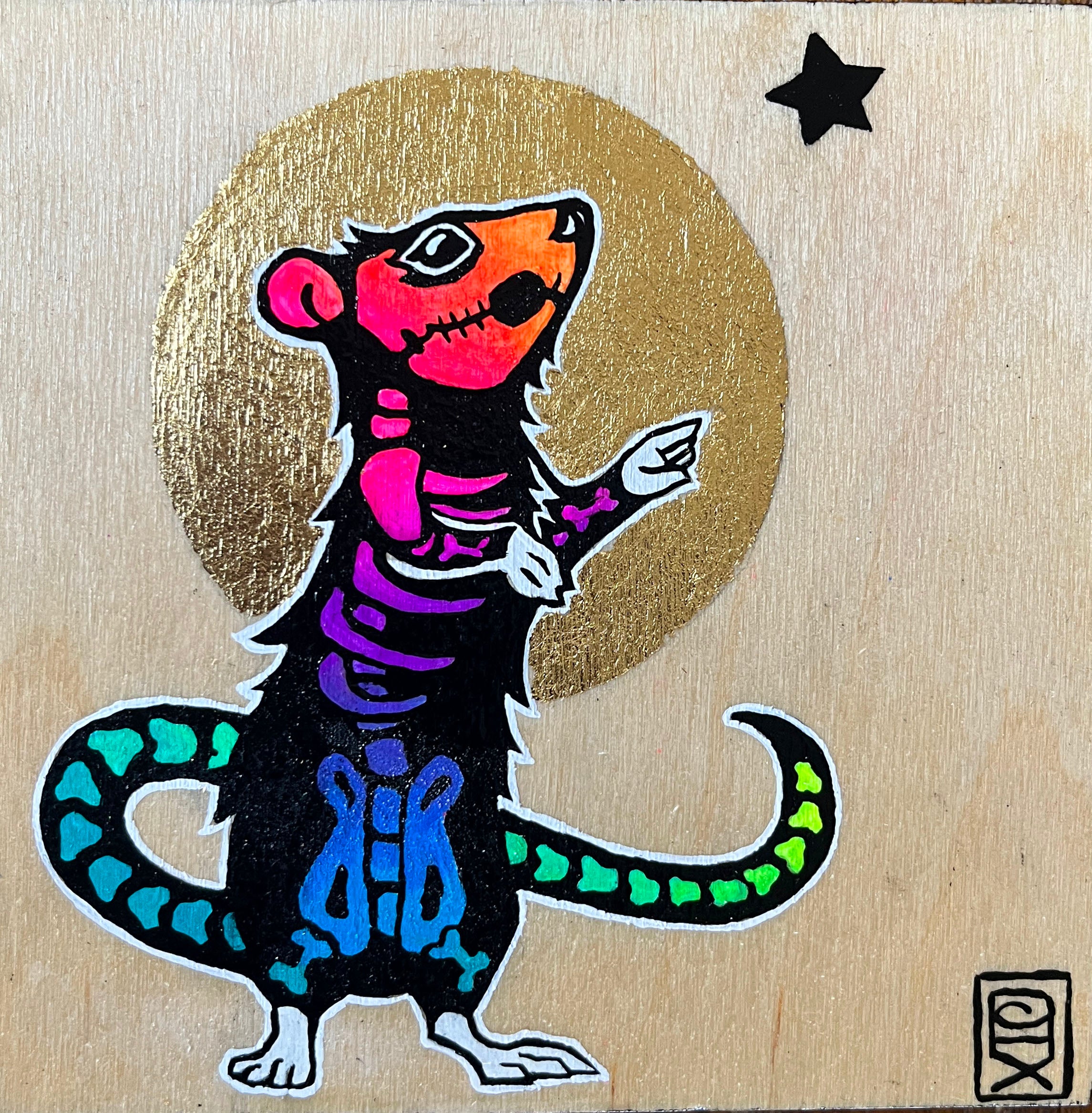 Colorful skeleton rat illustration on a wooden background with a star.