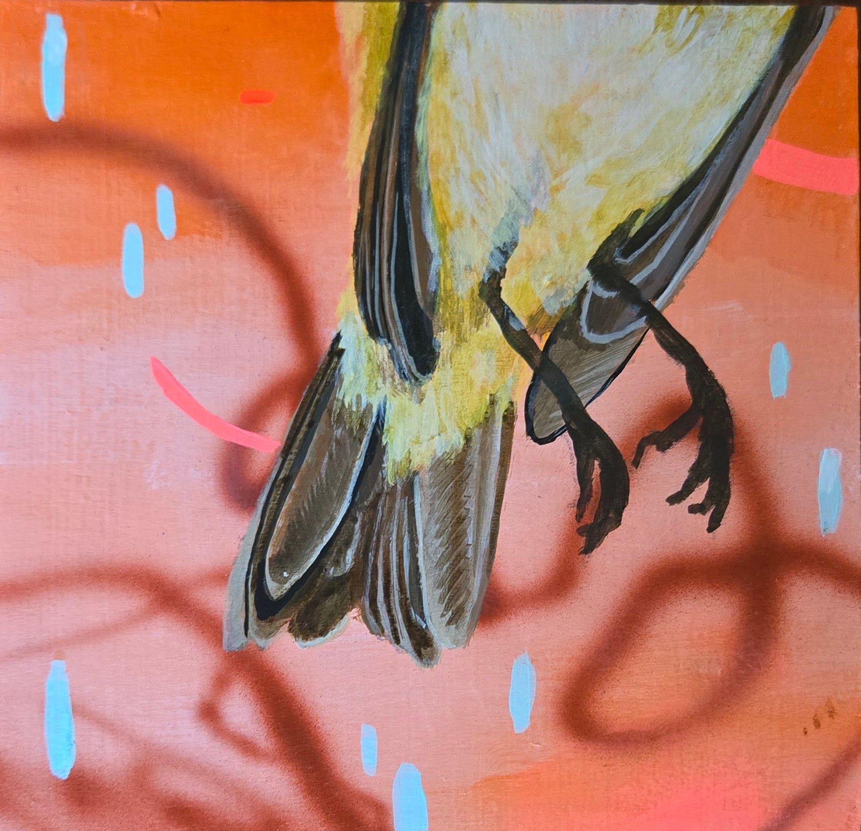 Illustration of a bird on an abstract orange background with blue and pink elements